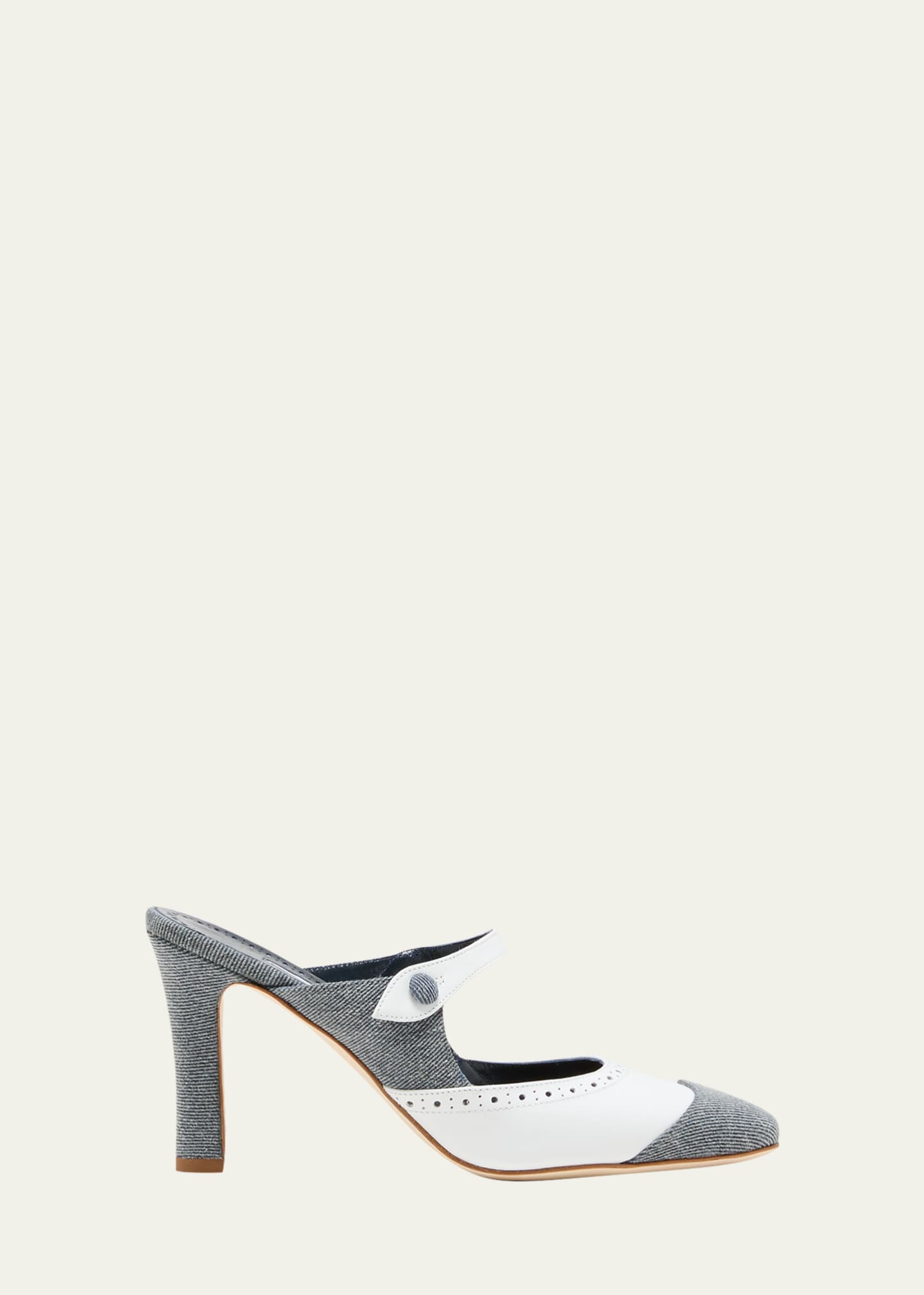 Manolo Blahnik Agathanu Denim Perforated Leather Mule Pumps