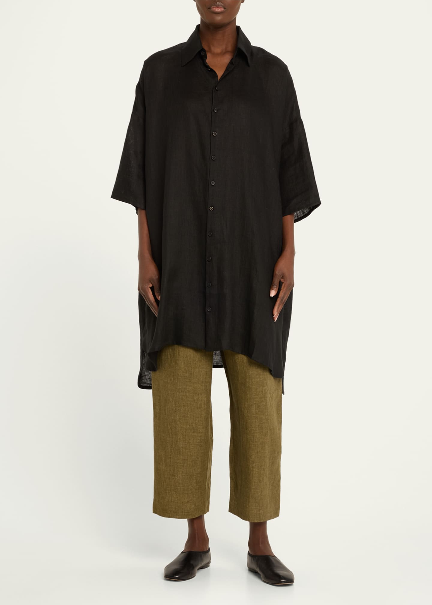 Eskandar Sloped-Shoulder Wide A-Line Short-Sleeve Shirt With Collar (Very Long) Image 2 of 5