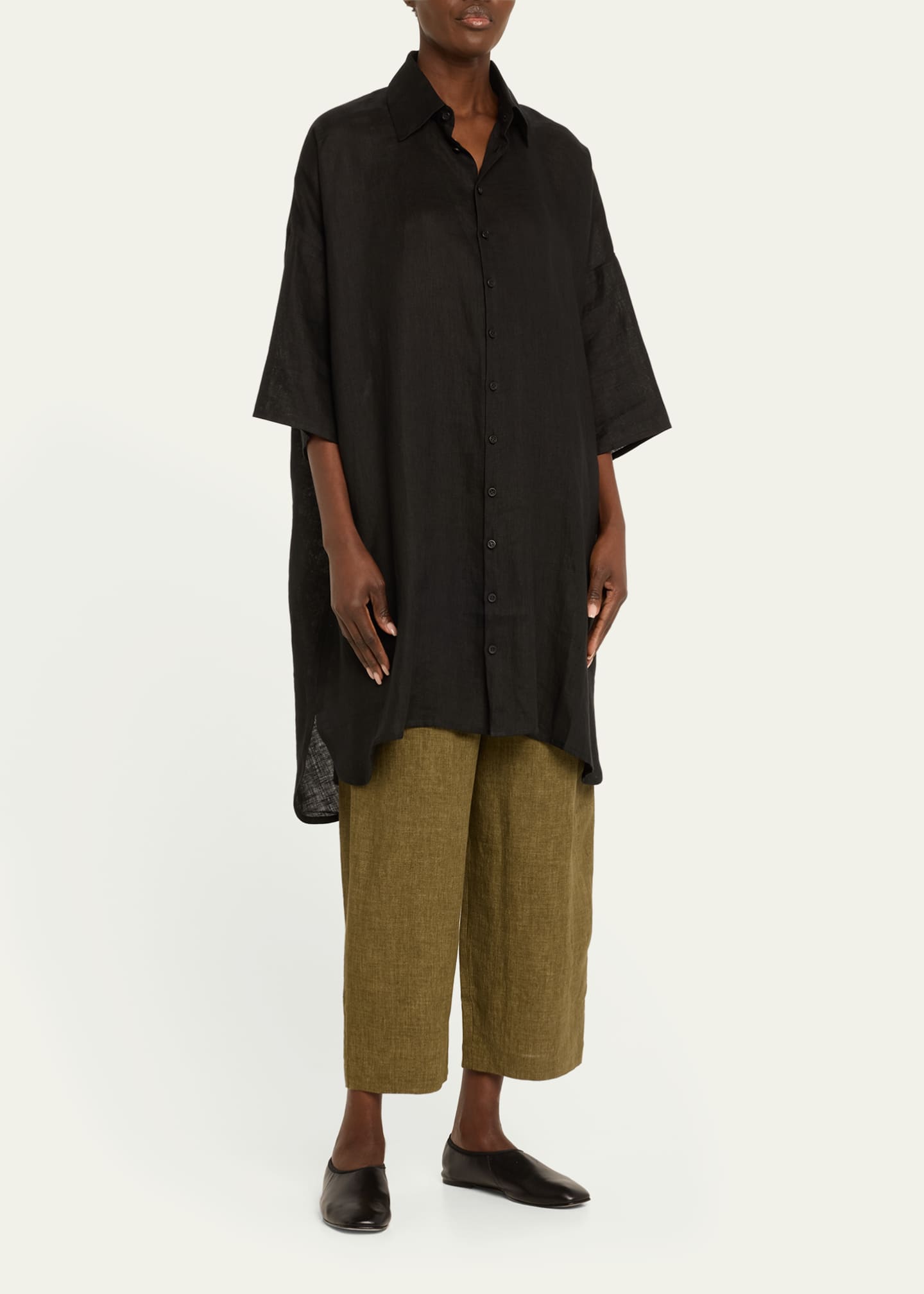 Eskandar Sloped-Shoulder Wide A-Line Short-Sleeve Shirt With Collar (Very Long) Image 4 of 5