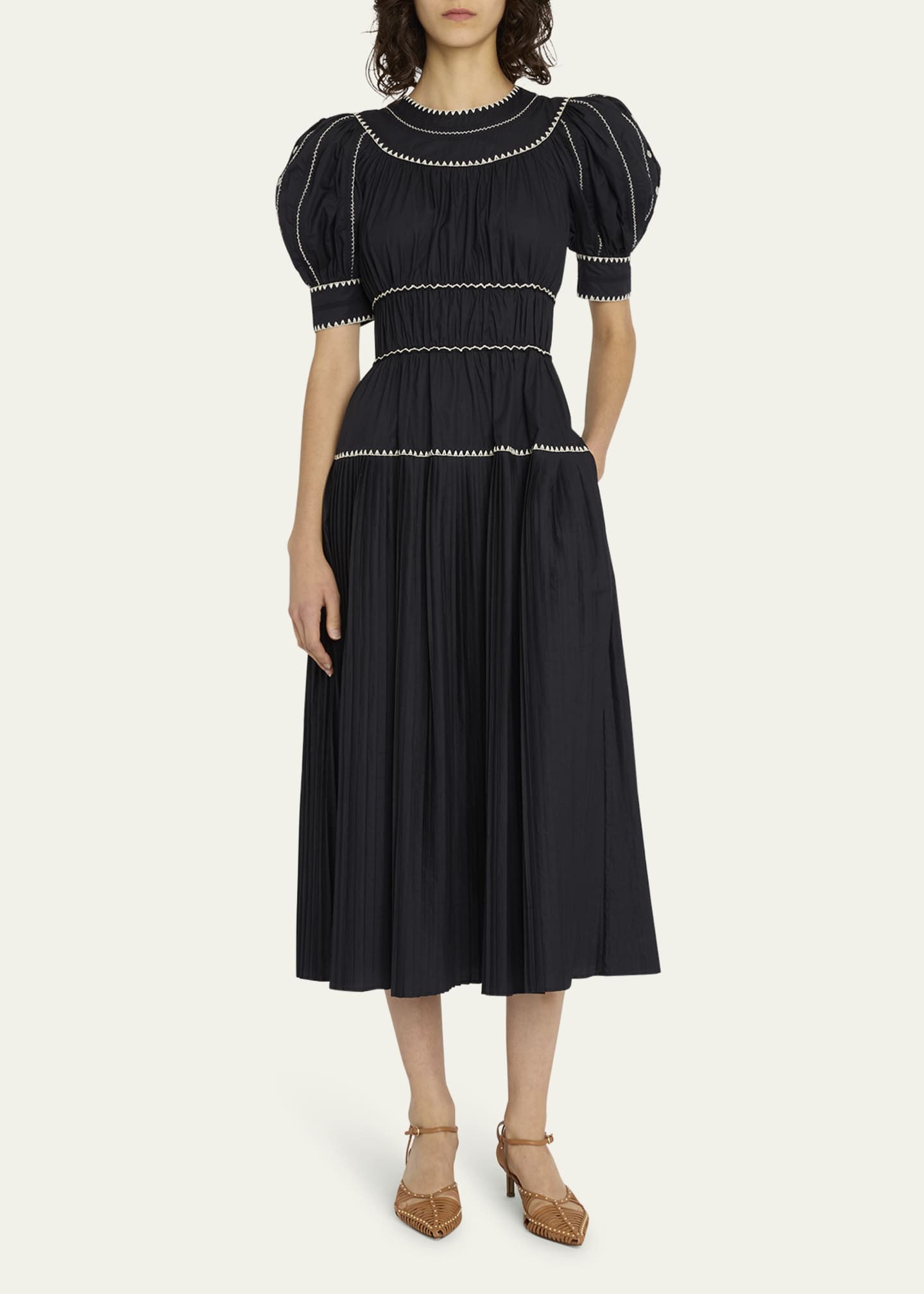 Ulla Johnson Harriet Pleated Puff-Sleeve Embroidered Midi Dress ...