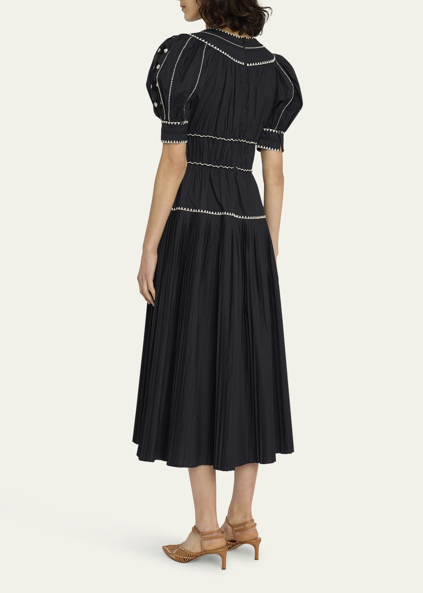 Ulla Johnson Harriet Pleated Puff-Sleeve Embroidered Midi Dress ...