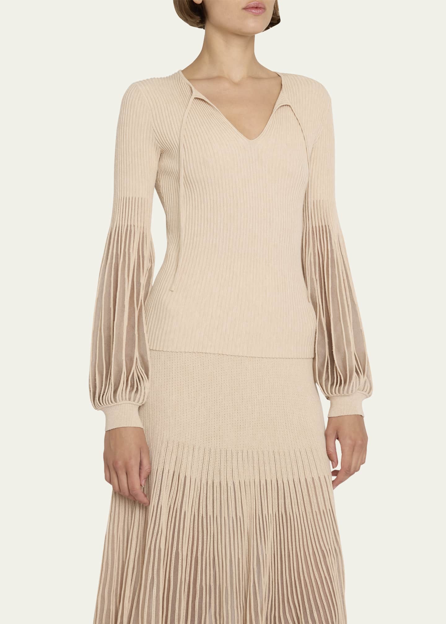 Ulla Johnson Lenora PuffSleeve RibKnit SplitNeck Top Bergdorf Goodman