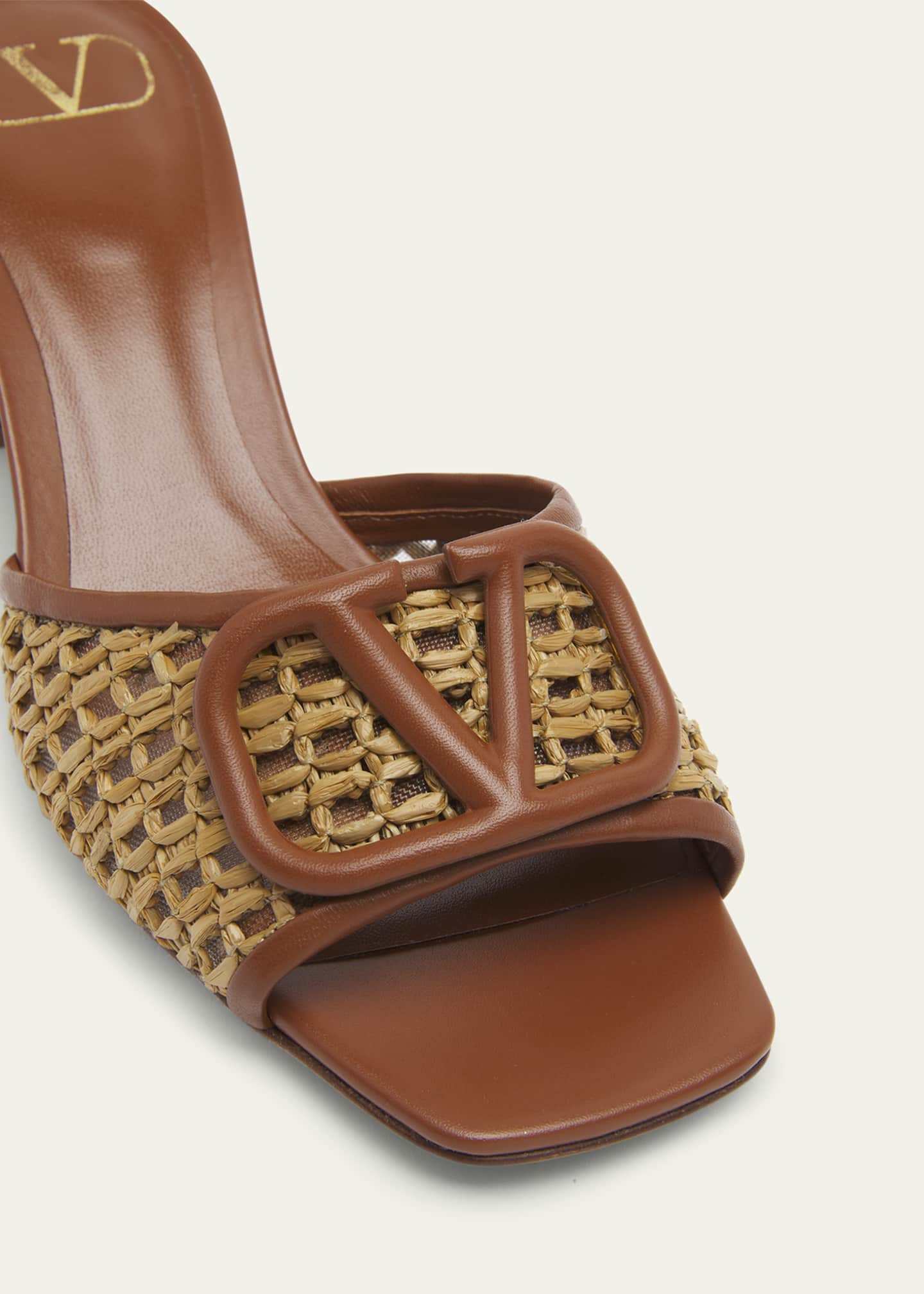VLogo Raffia-Trimmed Leather Slides In Brown Orange Mix Beige Sedge Weaving Yarn And Lambskin 102815