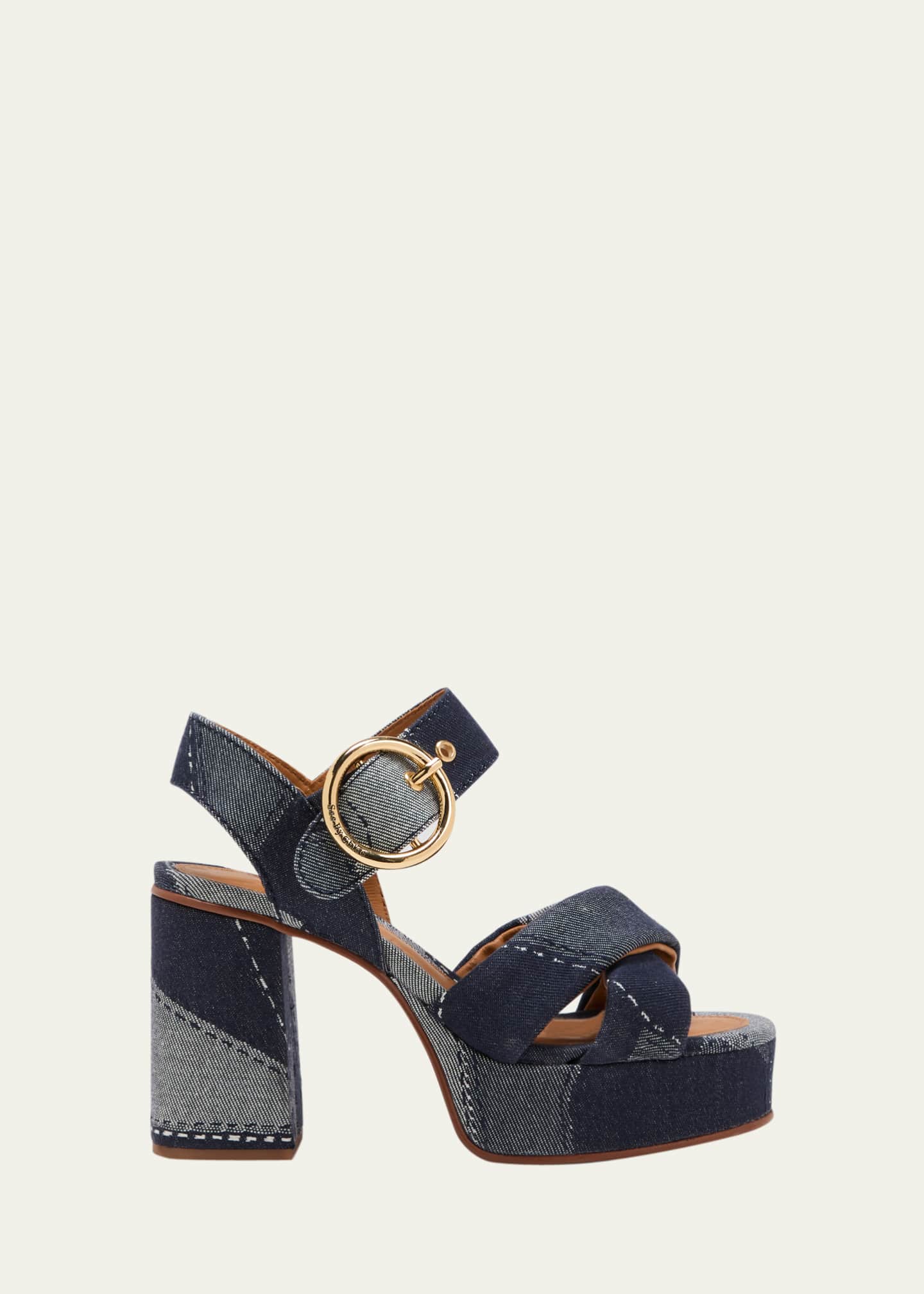 See by Chloe Joei Patchwork Denim Platform Sandals Blue