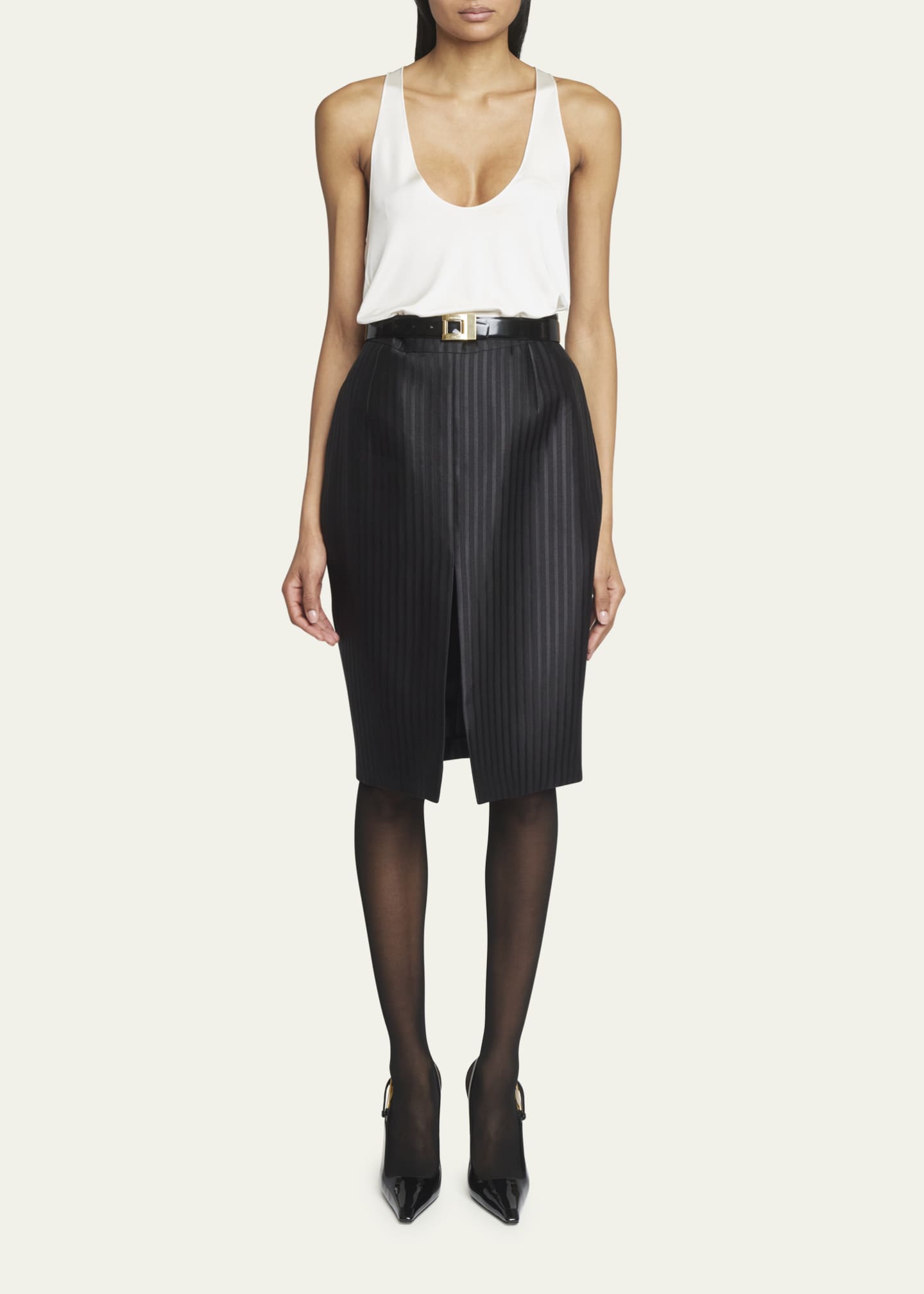 Saint Laurent Striped Pencil Skirt with Front Slit