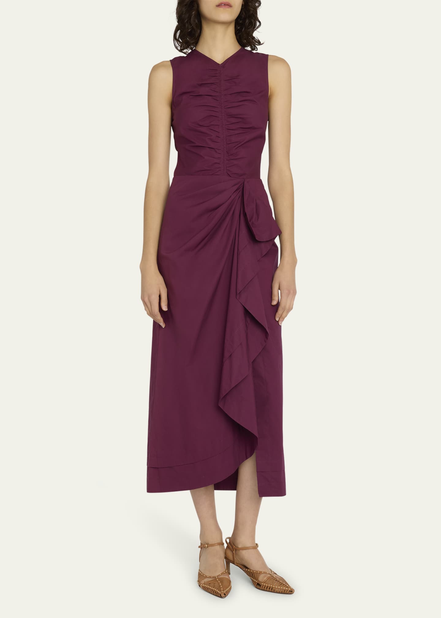Ulla Johnson Edlyn Draped Ruffle Sleeveless Midi Poplin Dress