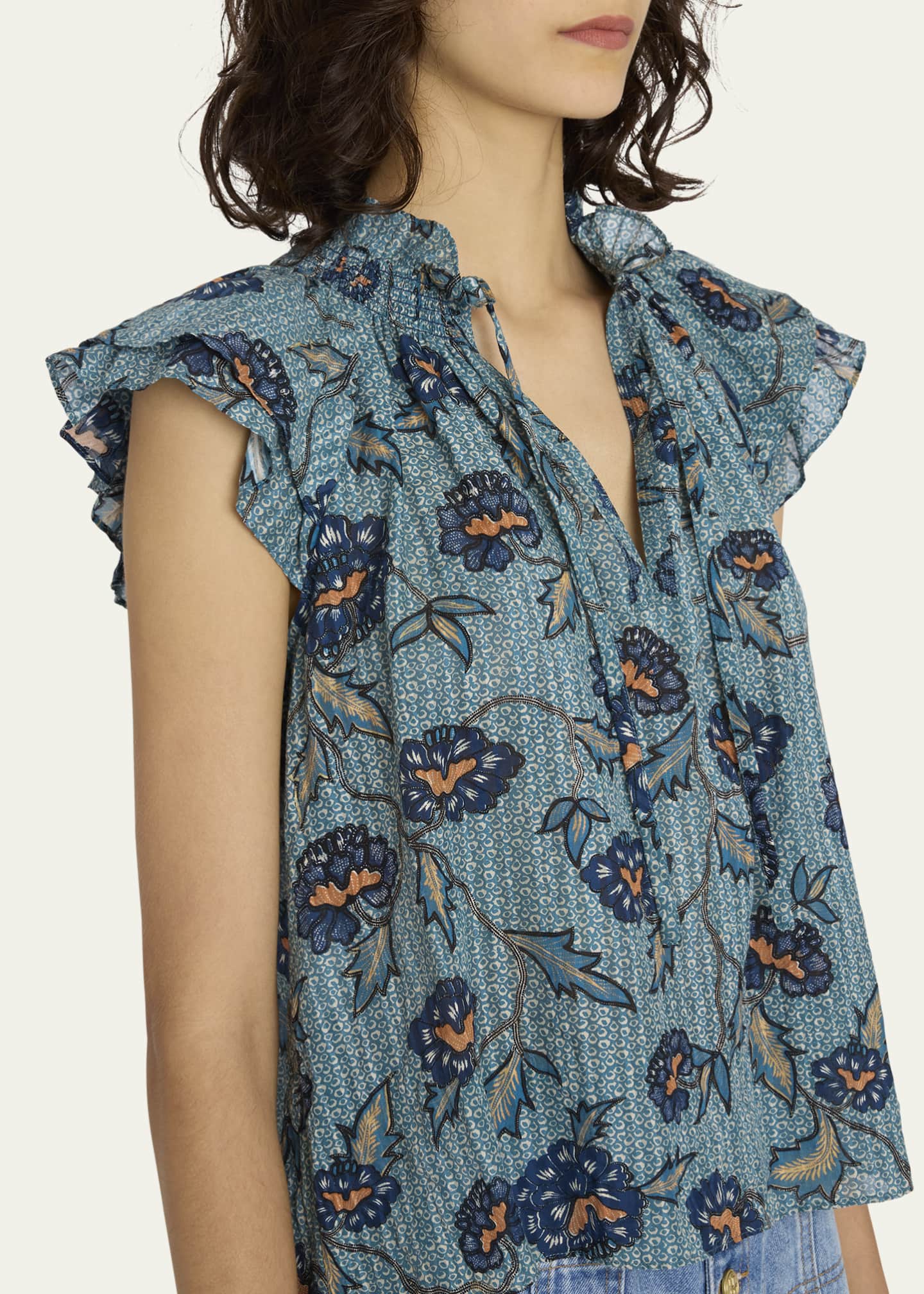 Ulla Johnson Annie Split Neck Printed Crepe Top Bergdorf Goodman