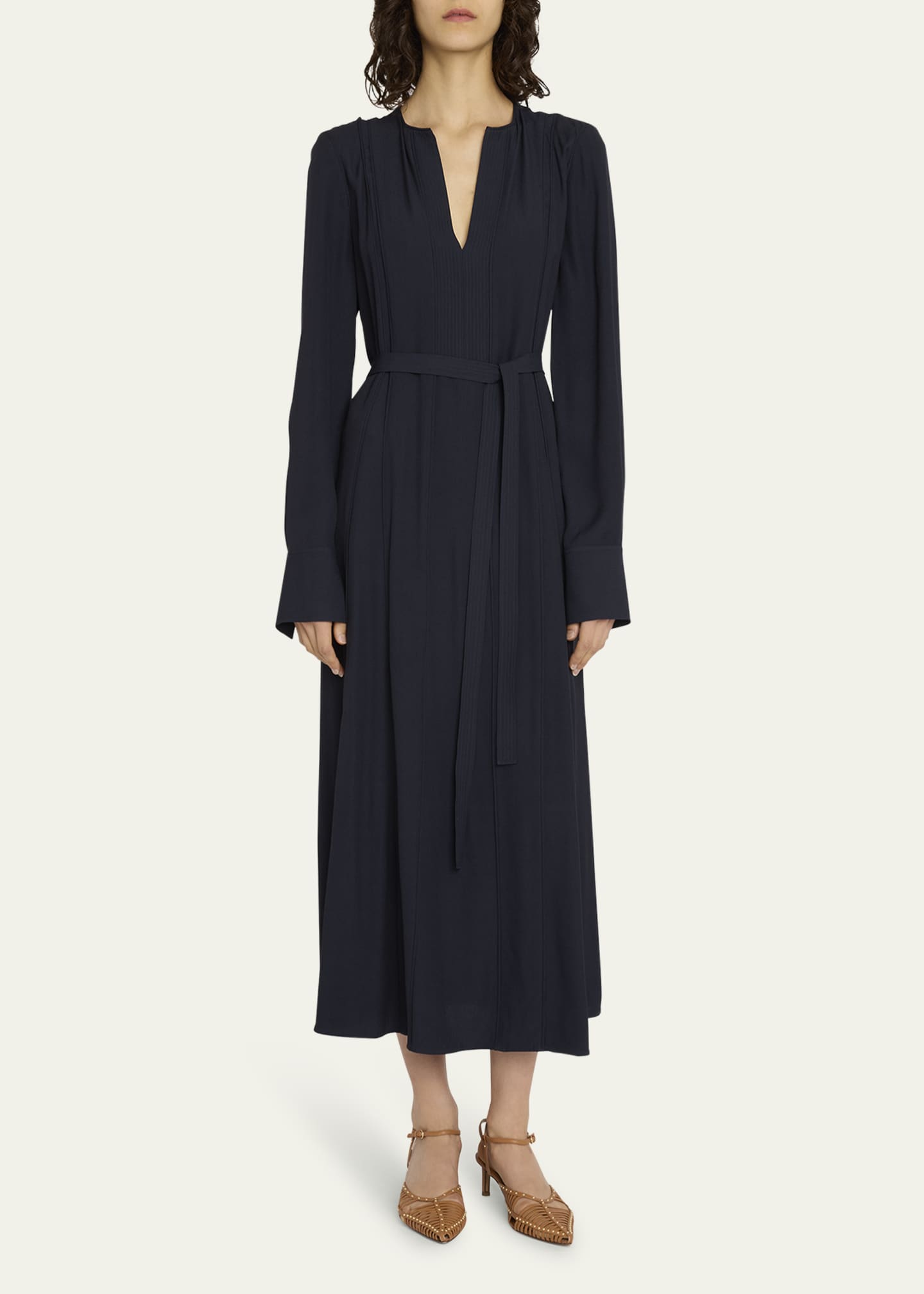 Ulla Johnson Asilia Belted Long-Sleeve V-Neck Midi Dress - Bergdorf Goodman