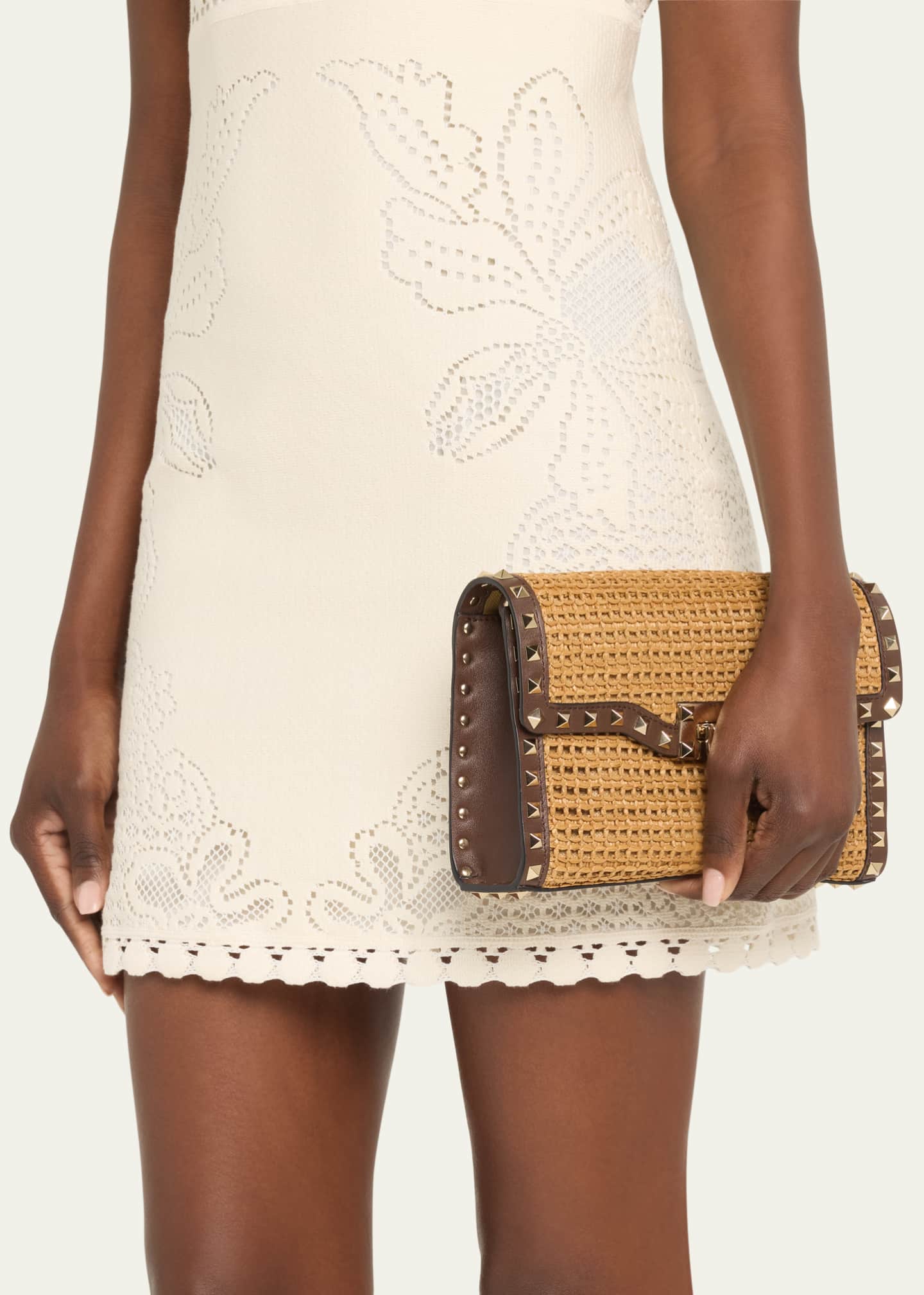 Valentino Garavani Women Embroidered Raffia Rockstud Shopping Bag