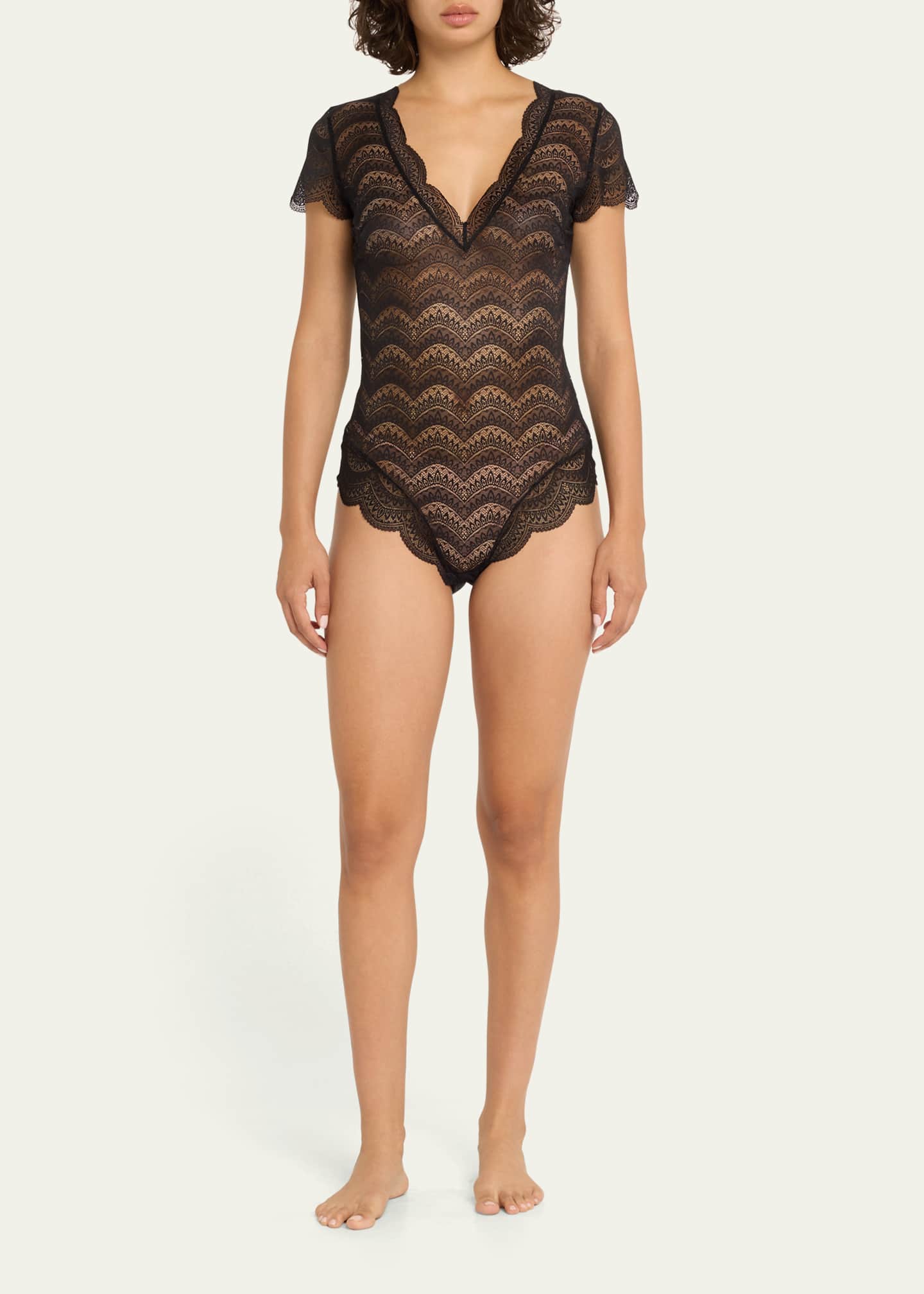 Simone Perele Karma Short-Sleeve Scalloped Lace Bodysuit - Bergdorf Goodman