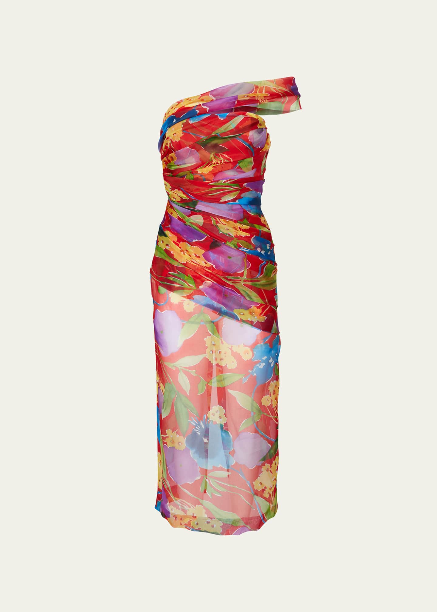 Carolina Herrera Floral One-Shoulder Ruched Midi Dress with Shoulder ...