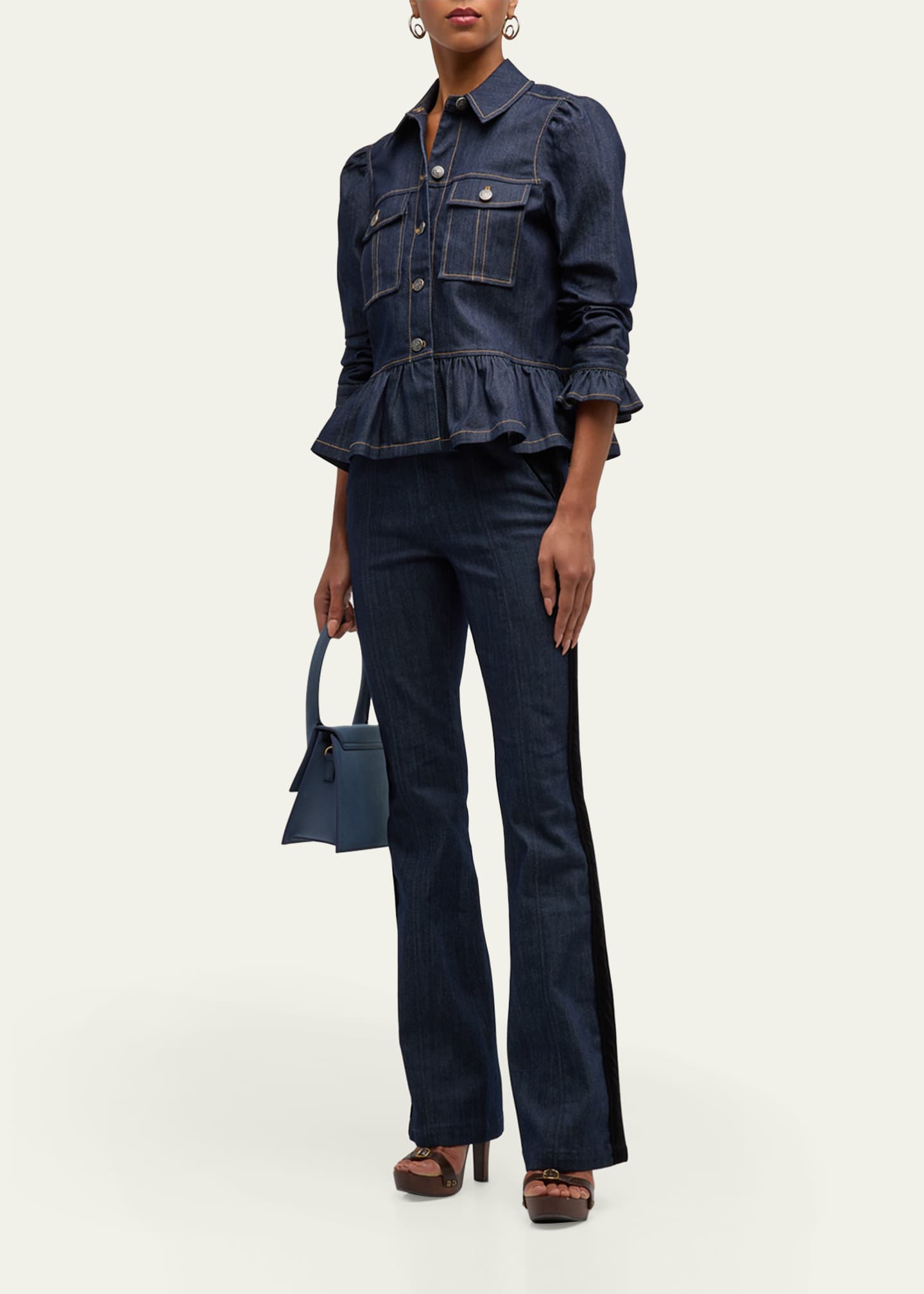 Cinq a Sept Delanie Scrunched-Sleeve Peplum Denim Jacket