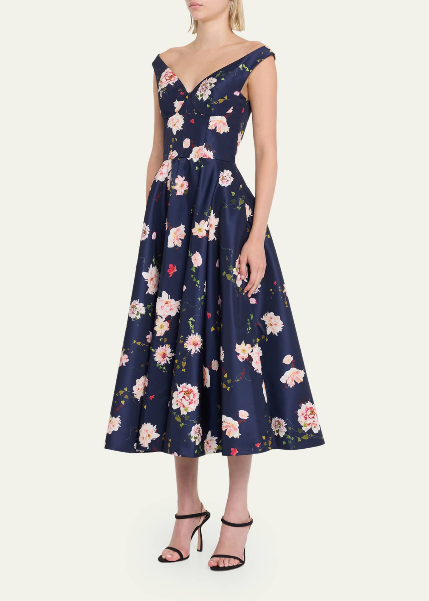 Monique Lhuillier Floral-Print Off Shoulder Fit-Flare Dress - Bergdorf ...