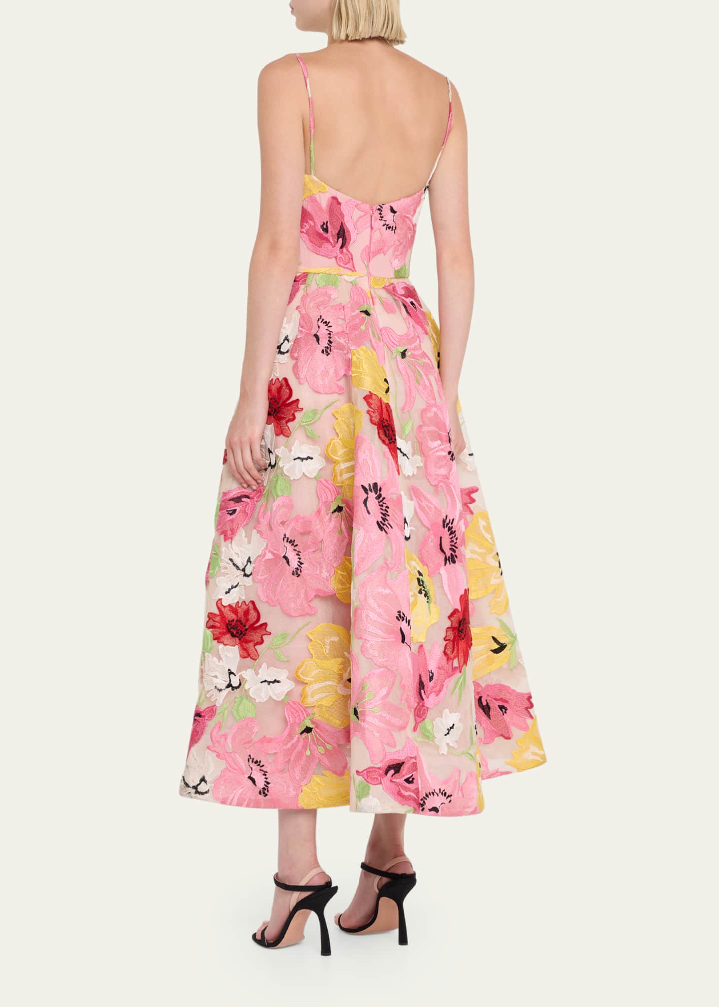 Monique Lhuillier Floral Embroidered Flared Skirt Dress Bergdorf