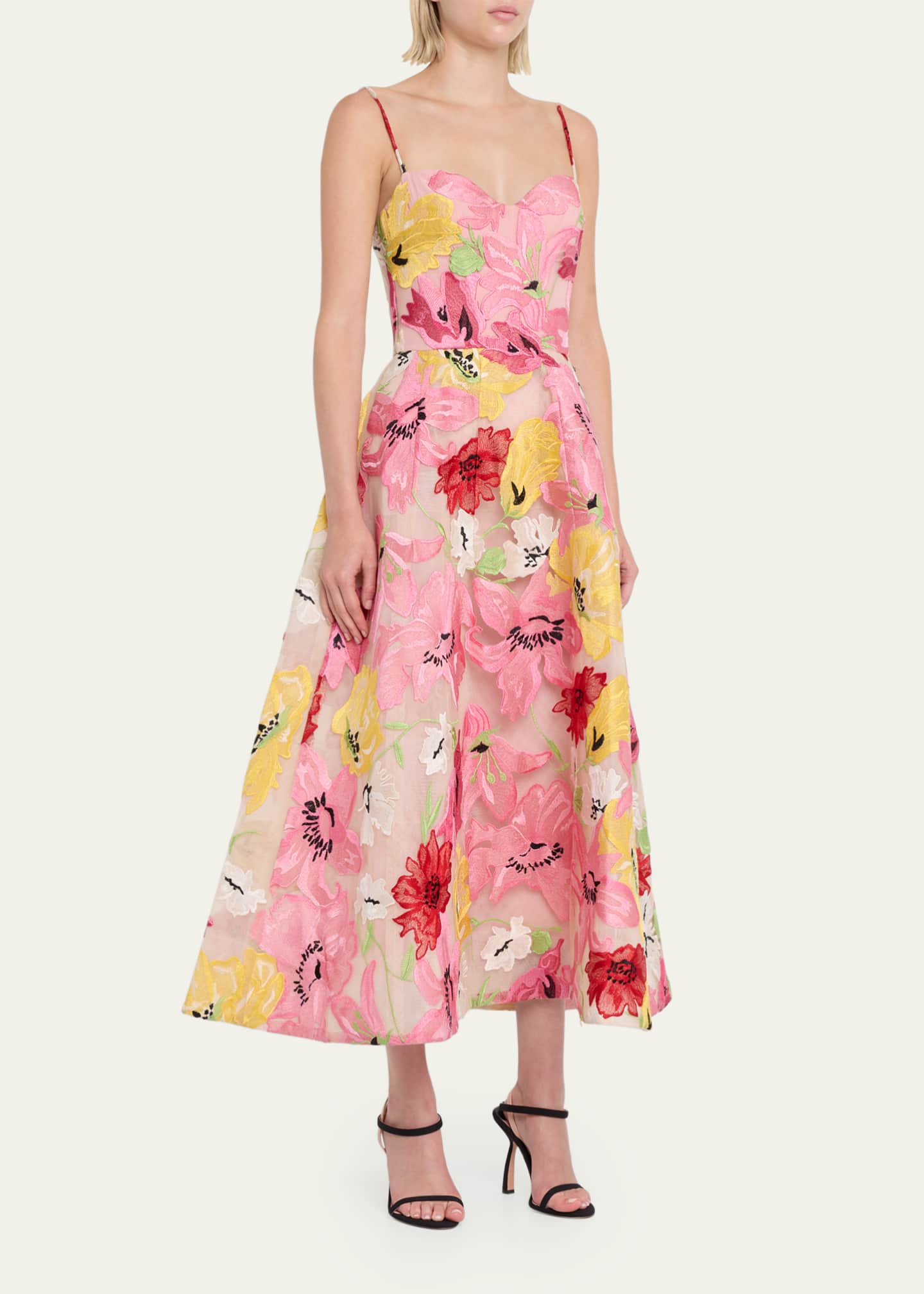Monique Lhuillier Floral-Embroidered Flared Skirt Dress - Bergdorf Goodman