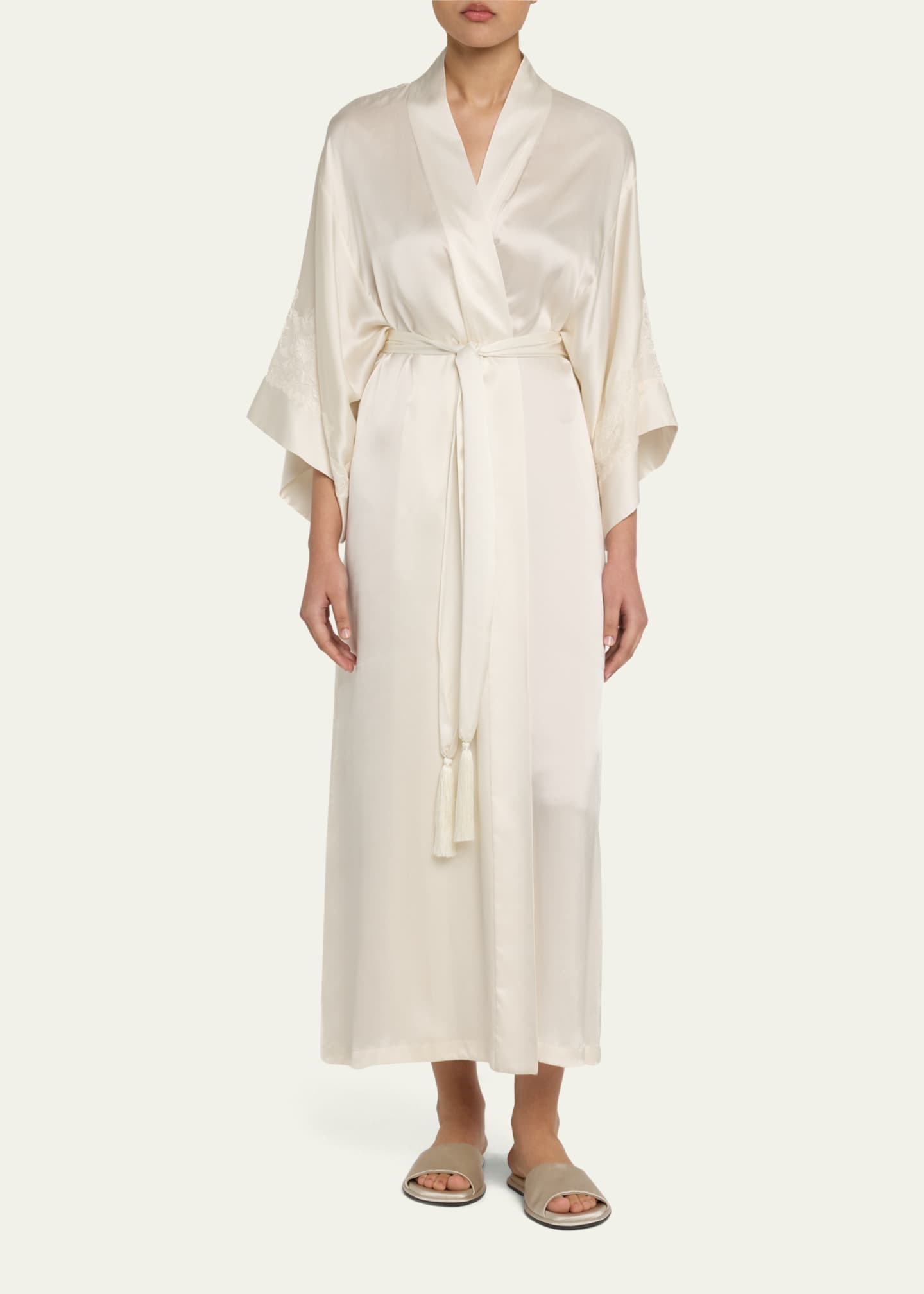 Josie Natori Lolita Lace-Trim Silk Charmeuse Robe Image 2 of 5