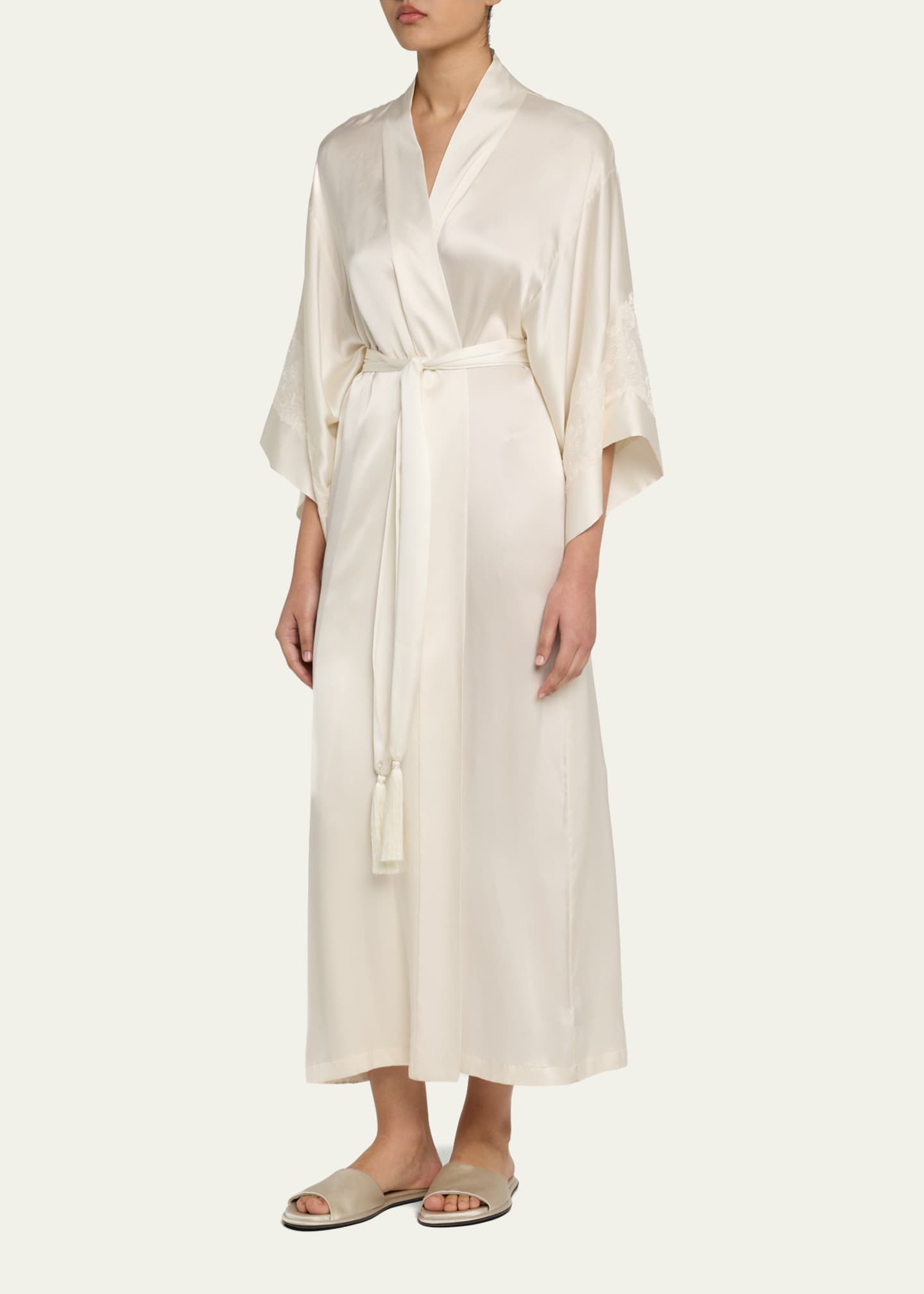 Josie Natori Lolita Lace-Trim Silk Charmeuse Robe Image 4 of 5