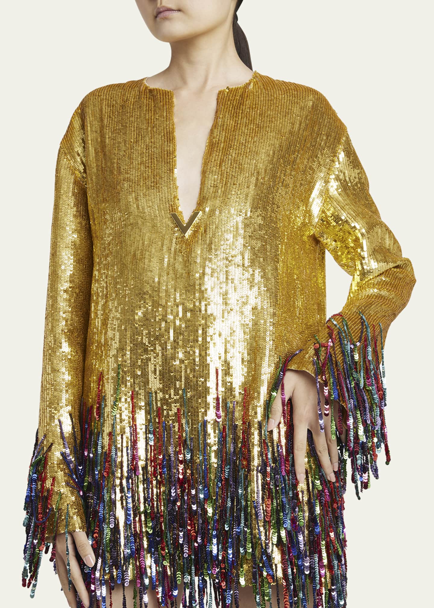 Valentino Garavani Sequin Tunic Mini Dress with Beaded Fringe