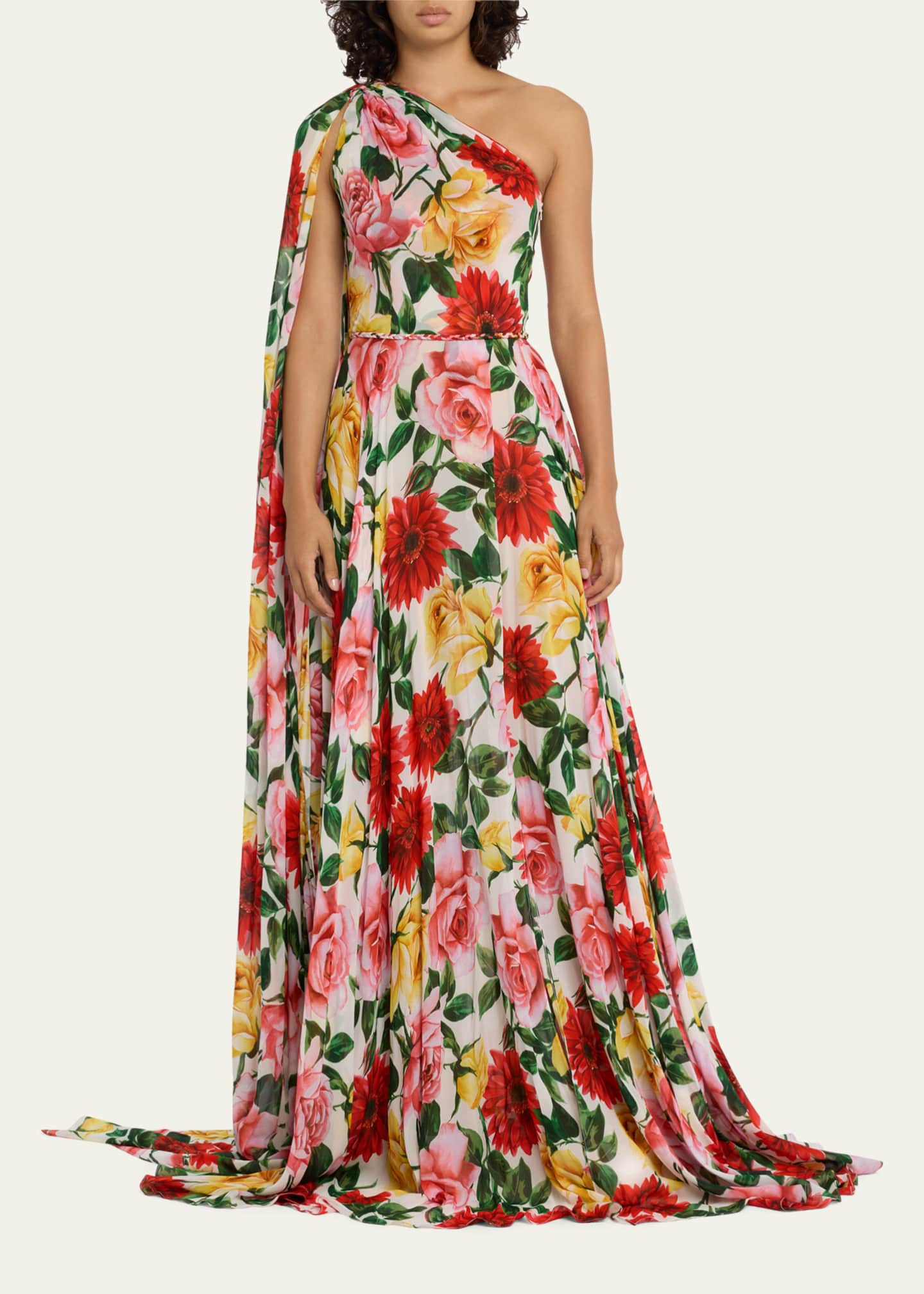 Naeem Khan One Shoulder Floral Print Gown with Cape Detail
