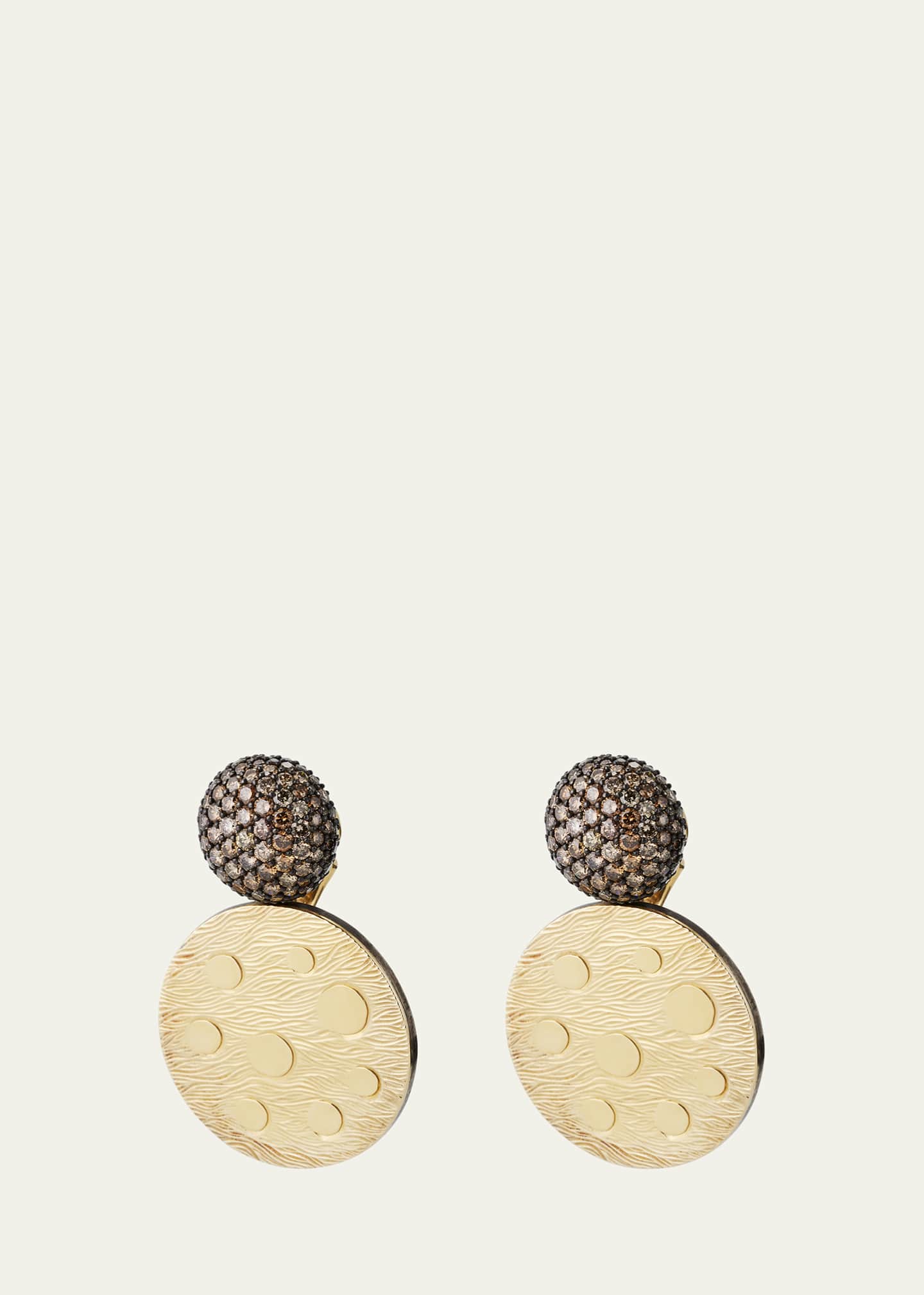 Vram Yellow Gold and Silver Tau Disco Earrings with Brown Diamonds