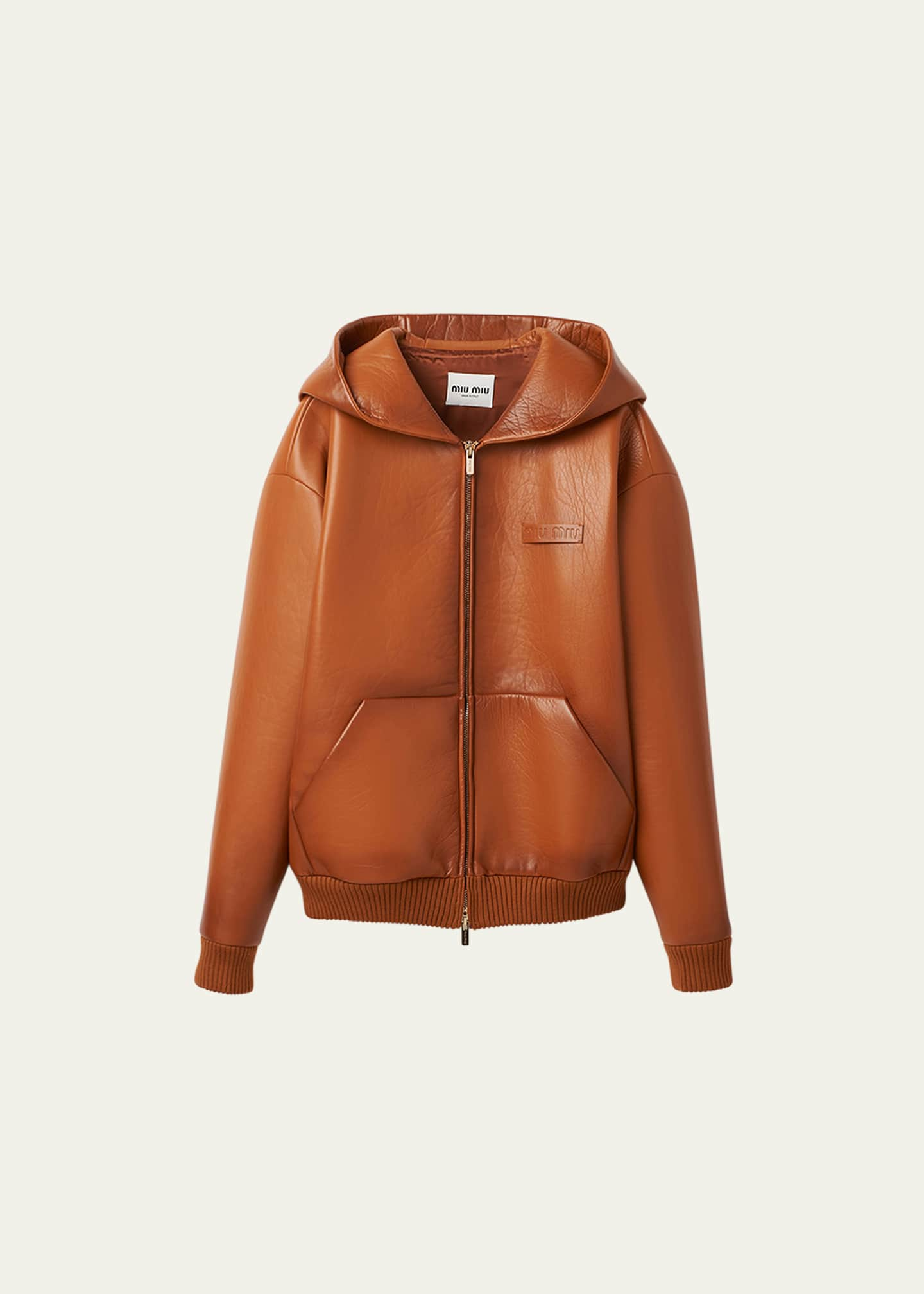 Miu Miu Leather Zip-Up Hooded Jacket