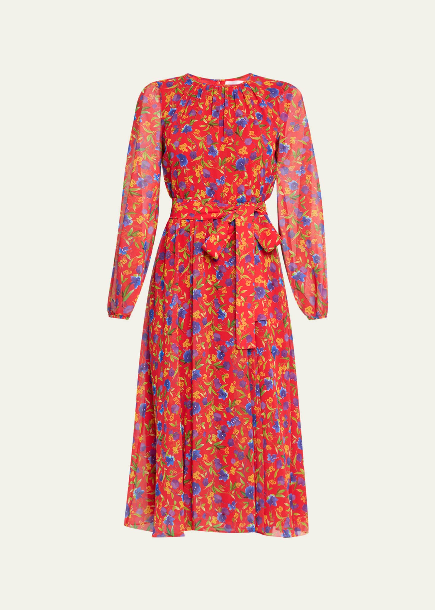 Carolina Herrera Floral-Print Gathered-Neck Long-Sleeve Midi Dress ...