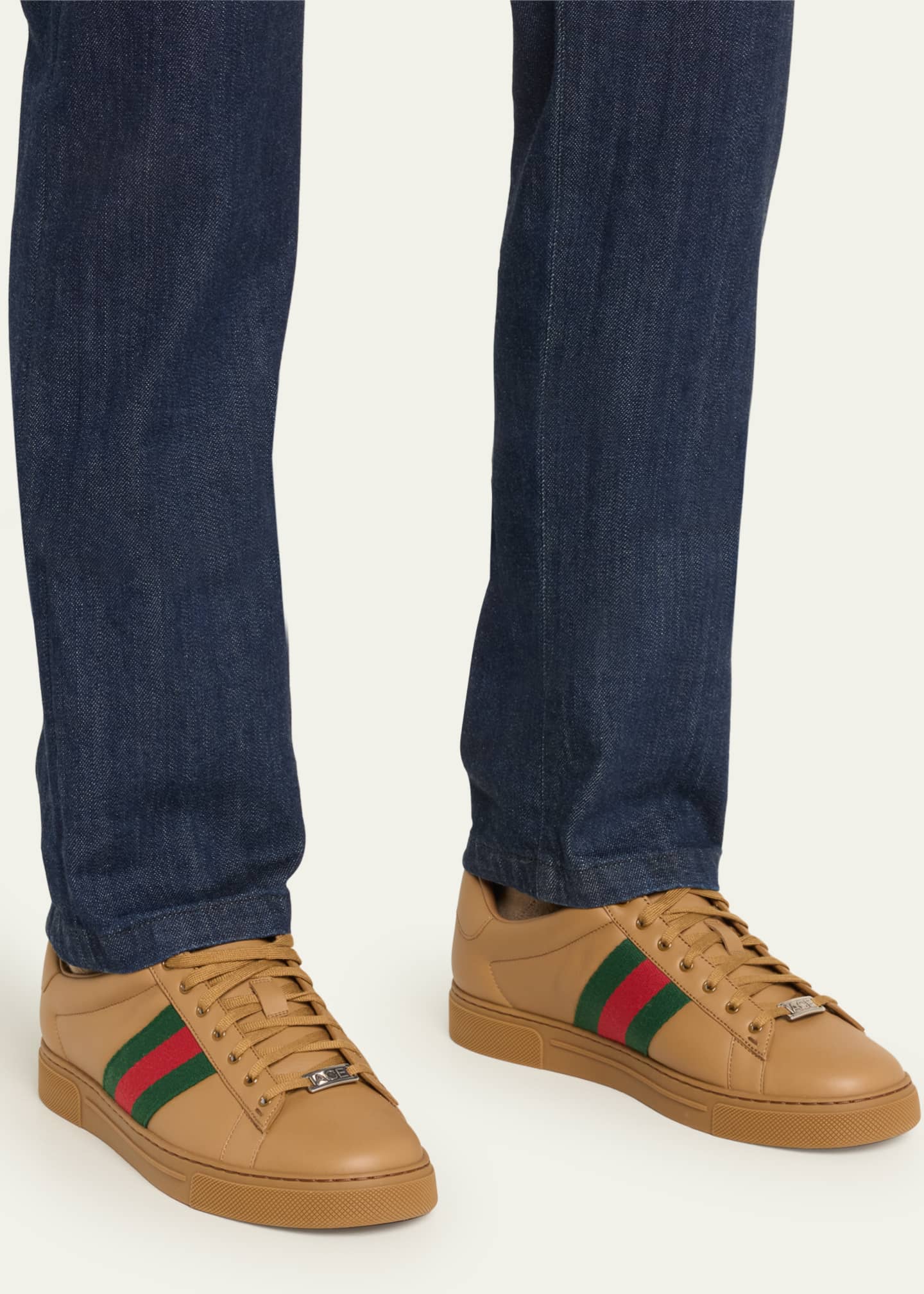 Gucci Men's Ace Leather Low-Top Sneakers with Web - Bergdorf Goodman