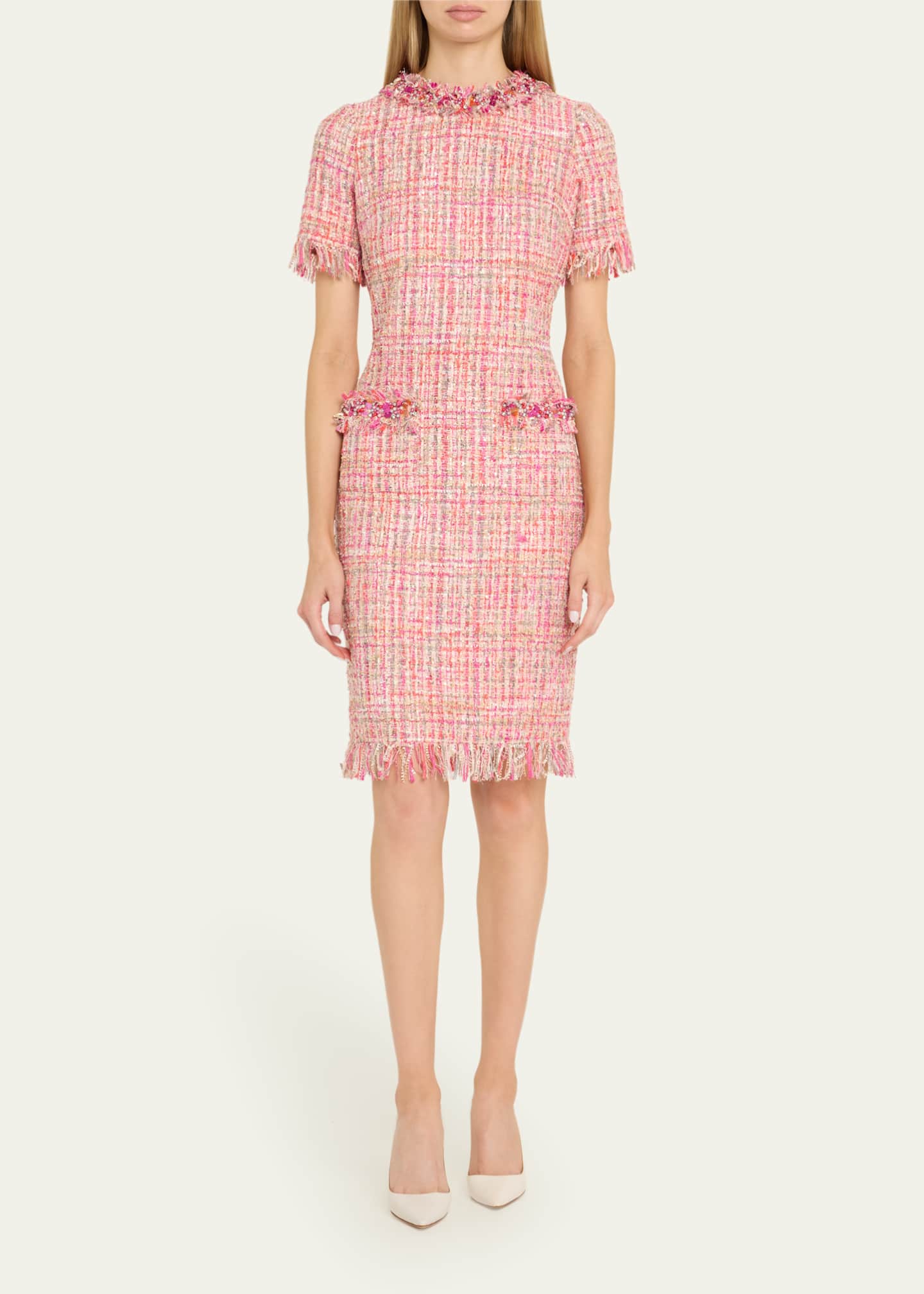 Rickie Freeman for Teri Jon Fringe-Trim Beaded Tweed Midi Dress Image 2 of 5