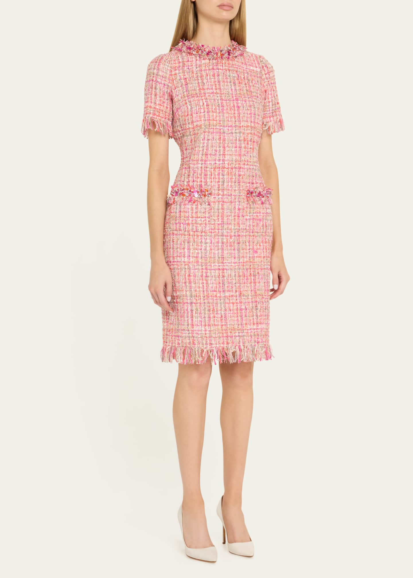 Rickie Freeman for Teri Jon Fringe-Trim Beaded Tweed Midi Dress Image 4 of 5