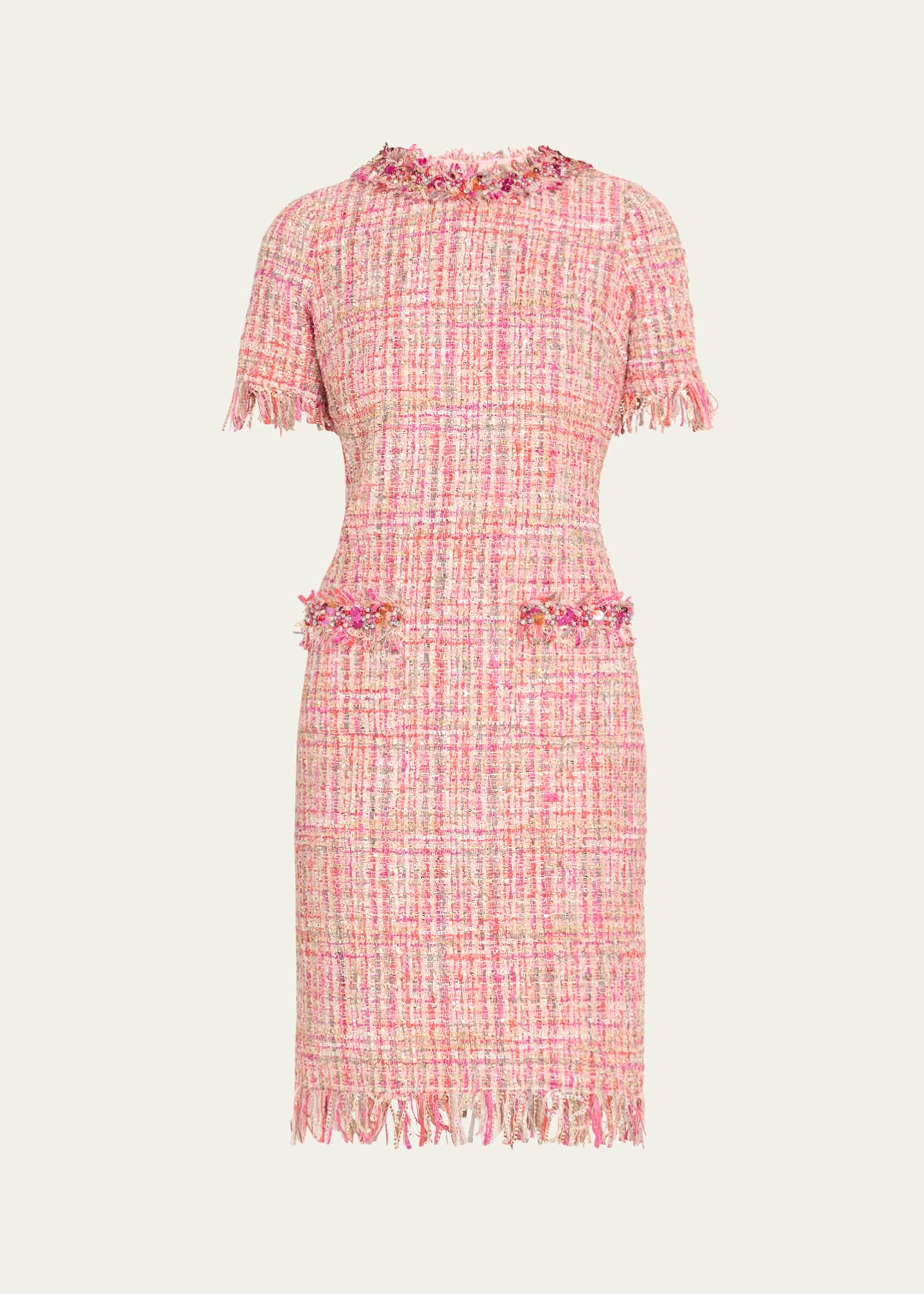 Rickie Freeman for Teri Jon Fringe-Trim Beaded Tweed Midi Dress Image 1 of 5