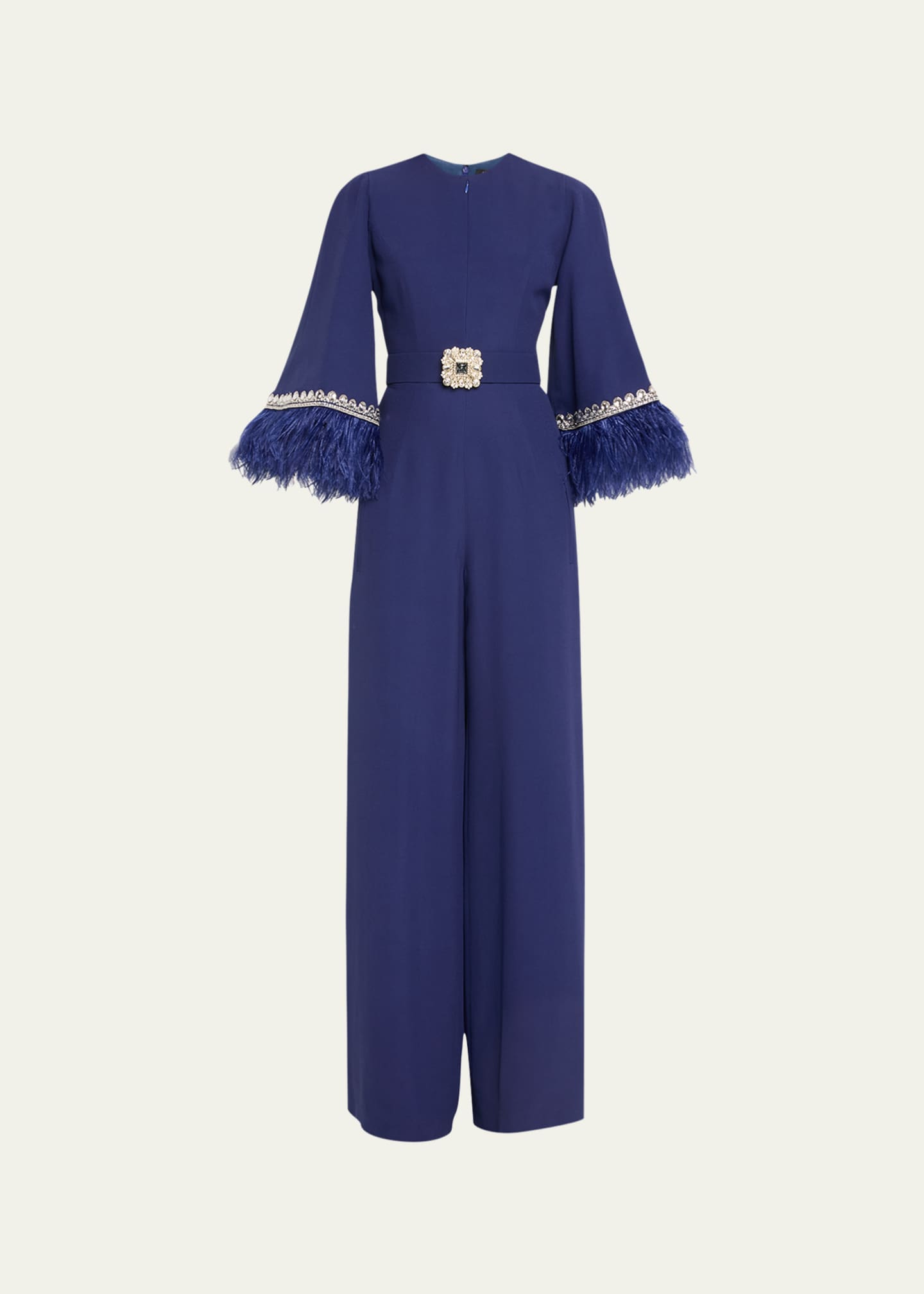 Andrew Gn Crystal Belted Feather Trimmed Wide Leg Jumpsuit - Bergdorf ...