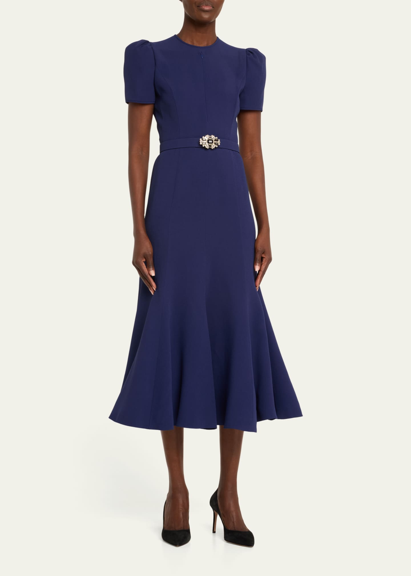 Andrew Gn Puff-Sleeve Crystal Belted Flared Midi Dress - Bergdorf Goodman