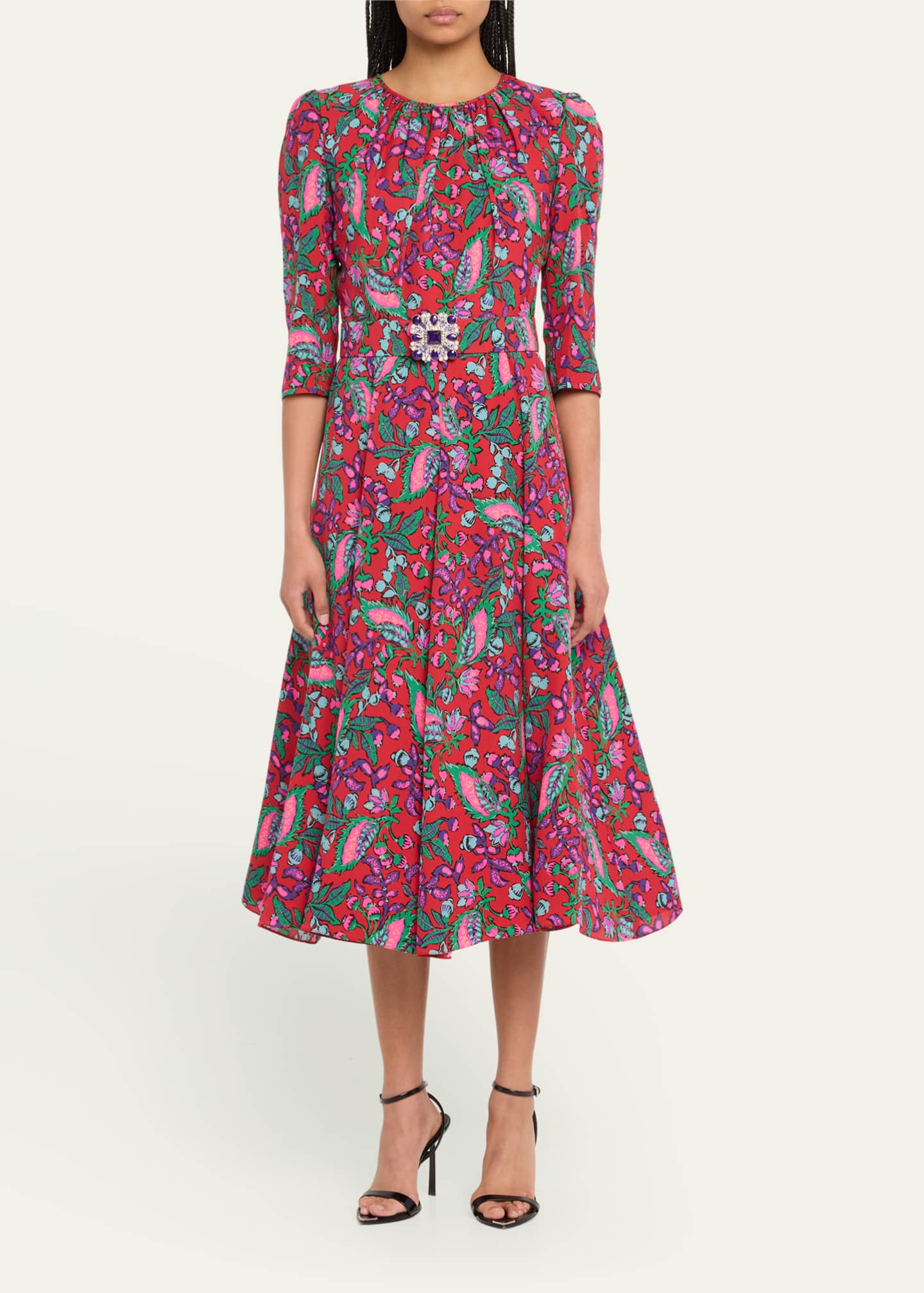 Andrew Gn Floral Print Three-Quarter Sleeve Belted Midi Dress ...