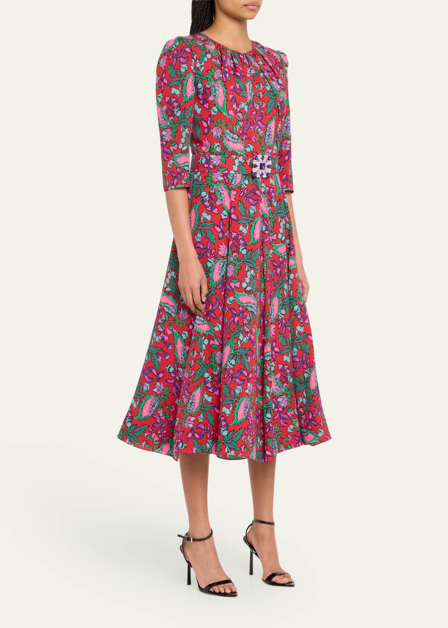 Andrew Gn Floral Print Three-Quarter Sleeve Belted Midi Dress ...