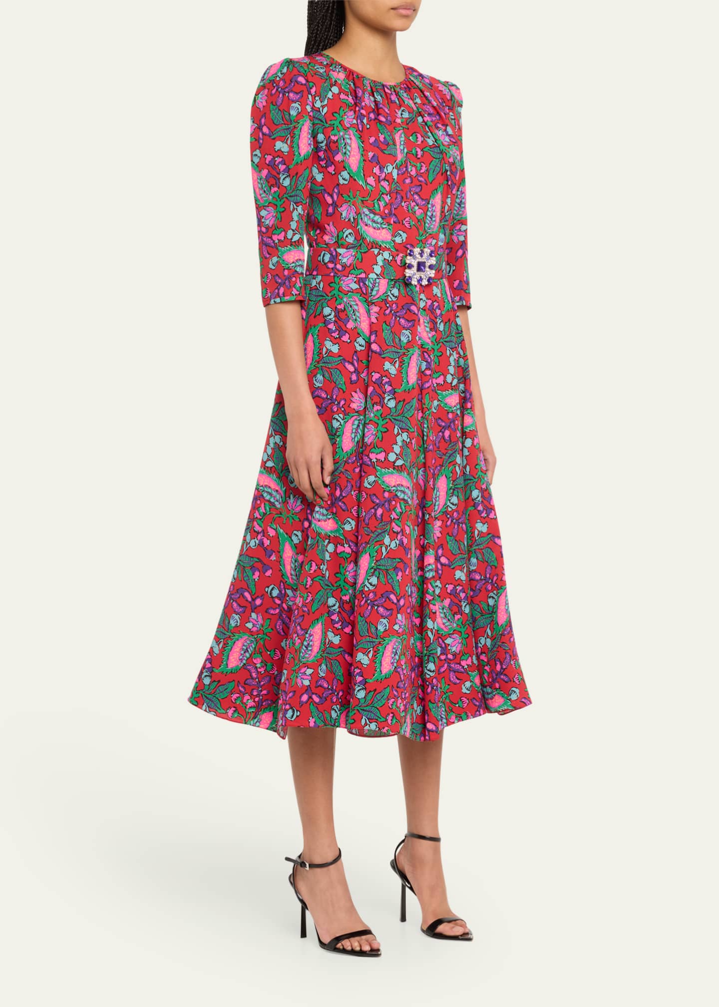 Andrew Gn Floral Print Three-Quarter Sleeve Belted Midi Dress - Bergdorf  Goodman