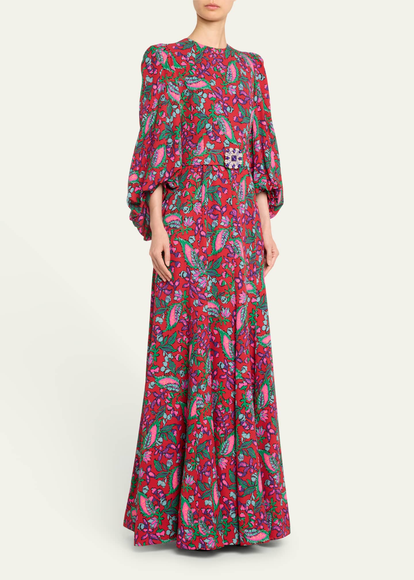 Andrew Gn Floral Print Puff-Sleeve Belted Silk Gown - Bergdorf Goodman