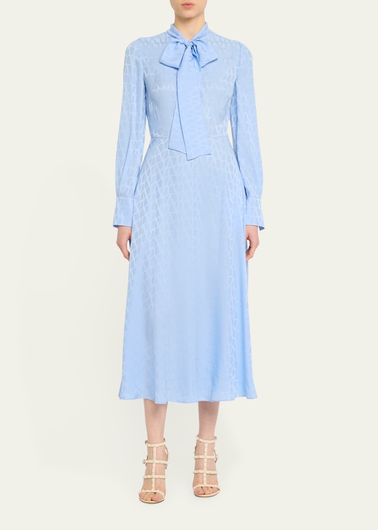 Valentino Logo Tie Neck Midi Silk Dress Iris Lilac