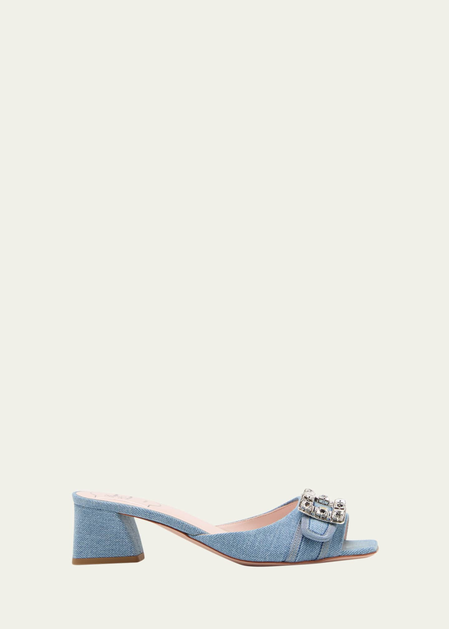 Roger Vivier Denim Crystal Buckle Mule Sandals - Bergdorf Goodman