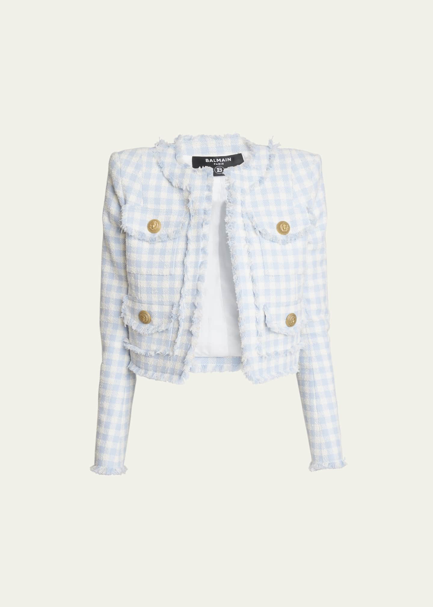 Balmain Plaid Tweed FringeTrim Jacket Bergdorf Goodman