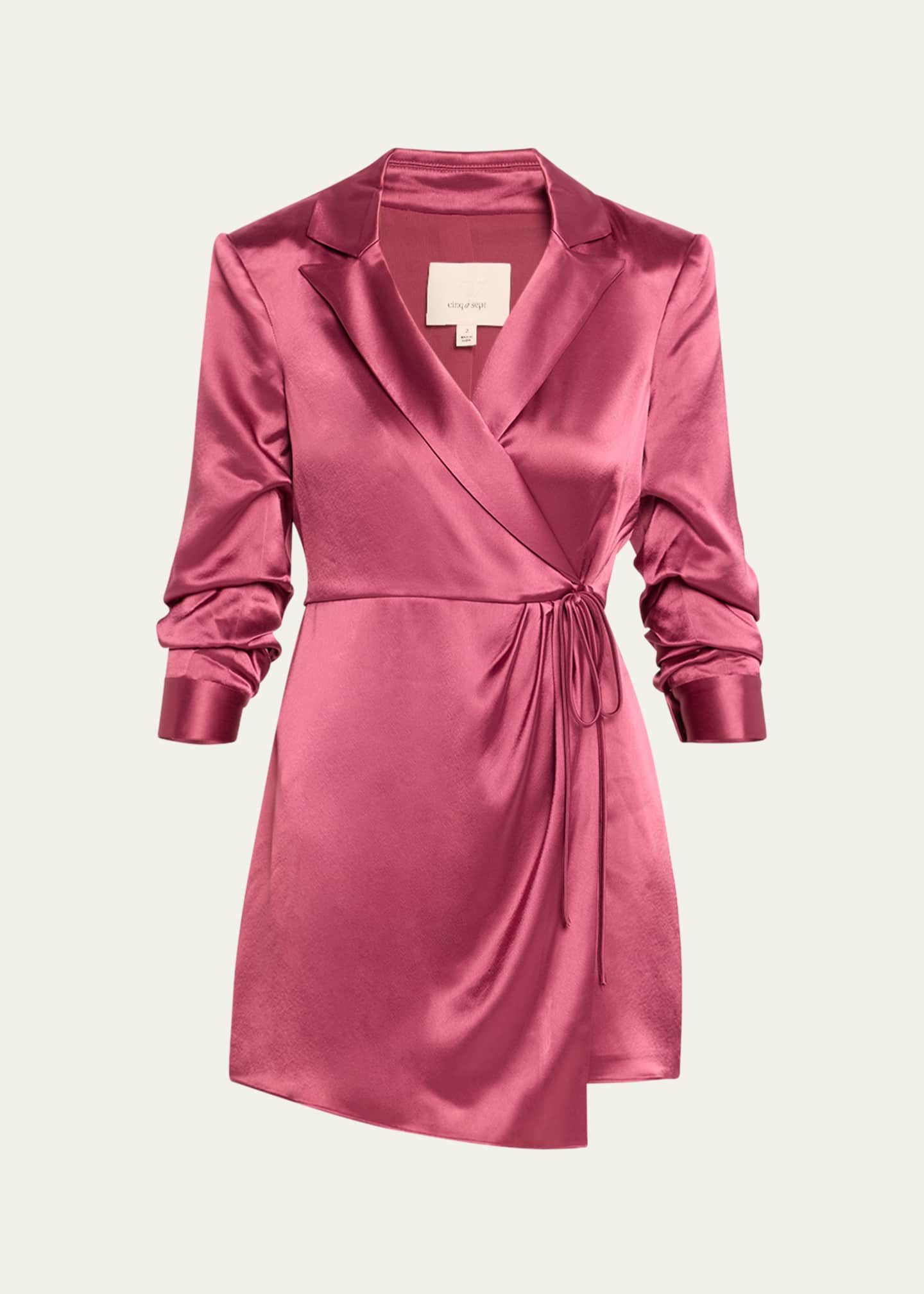 Cinq a Sept Sabina Scrunched-Sleeve Satin Mini Wrap Dress Image 1 of 5