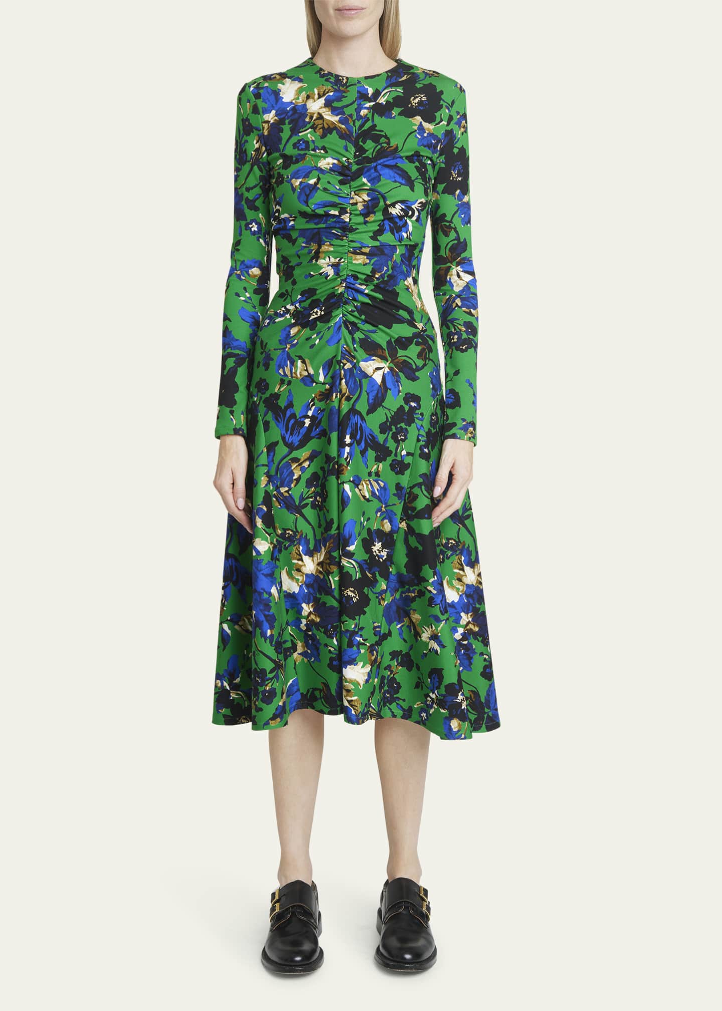 Erdem Floral-Print Long-Sleeve Gathered Midi Dress - Bergdorf Goodman