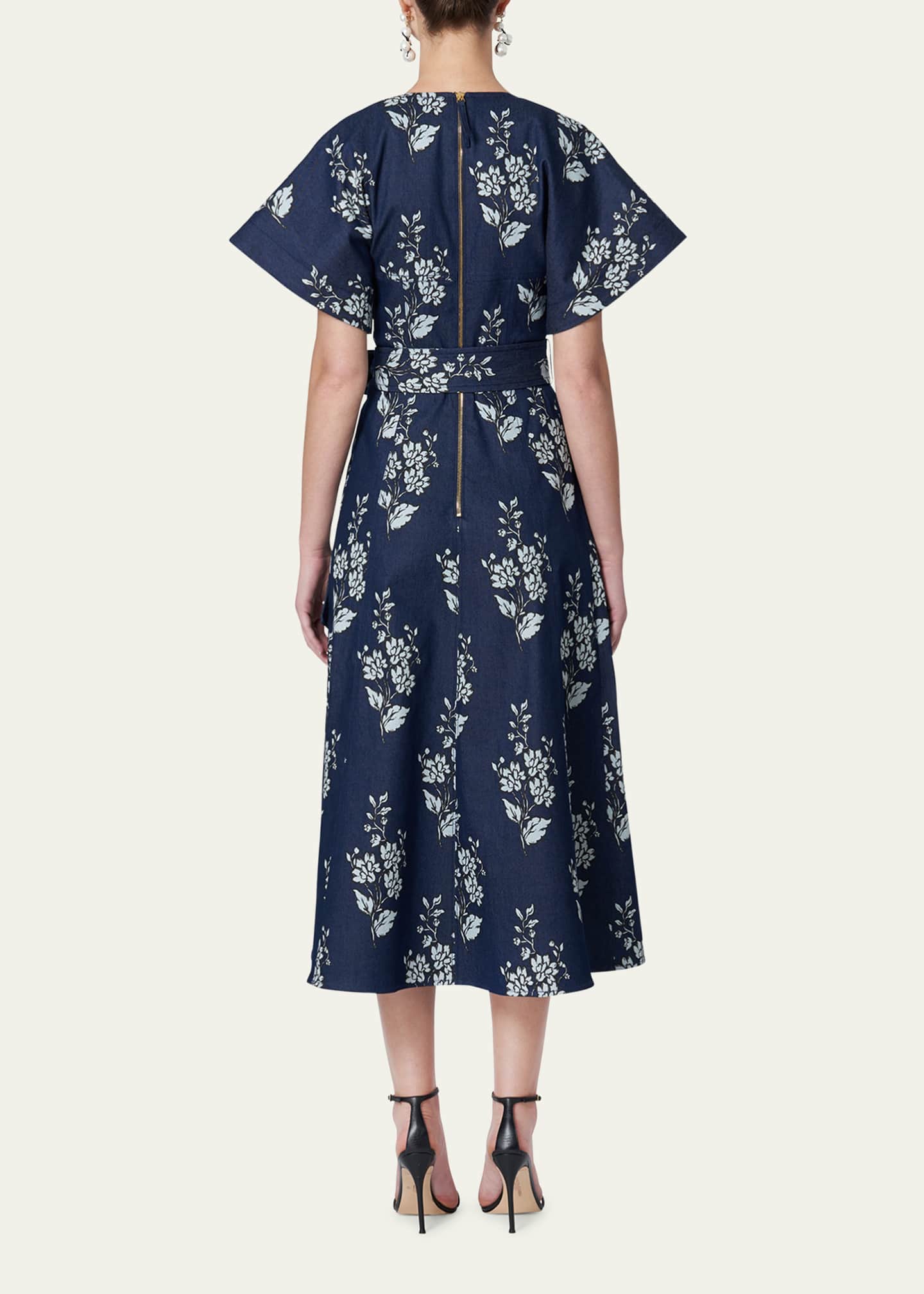 Carolina Herrera Floral-Print Denim Belted Midi Dress - Bergdorf Goodman
