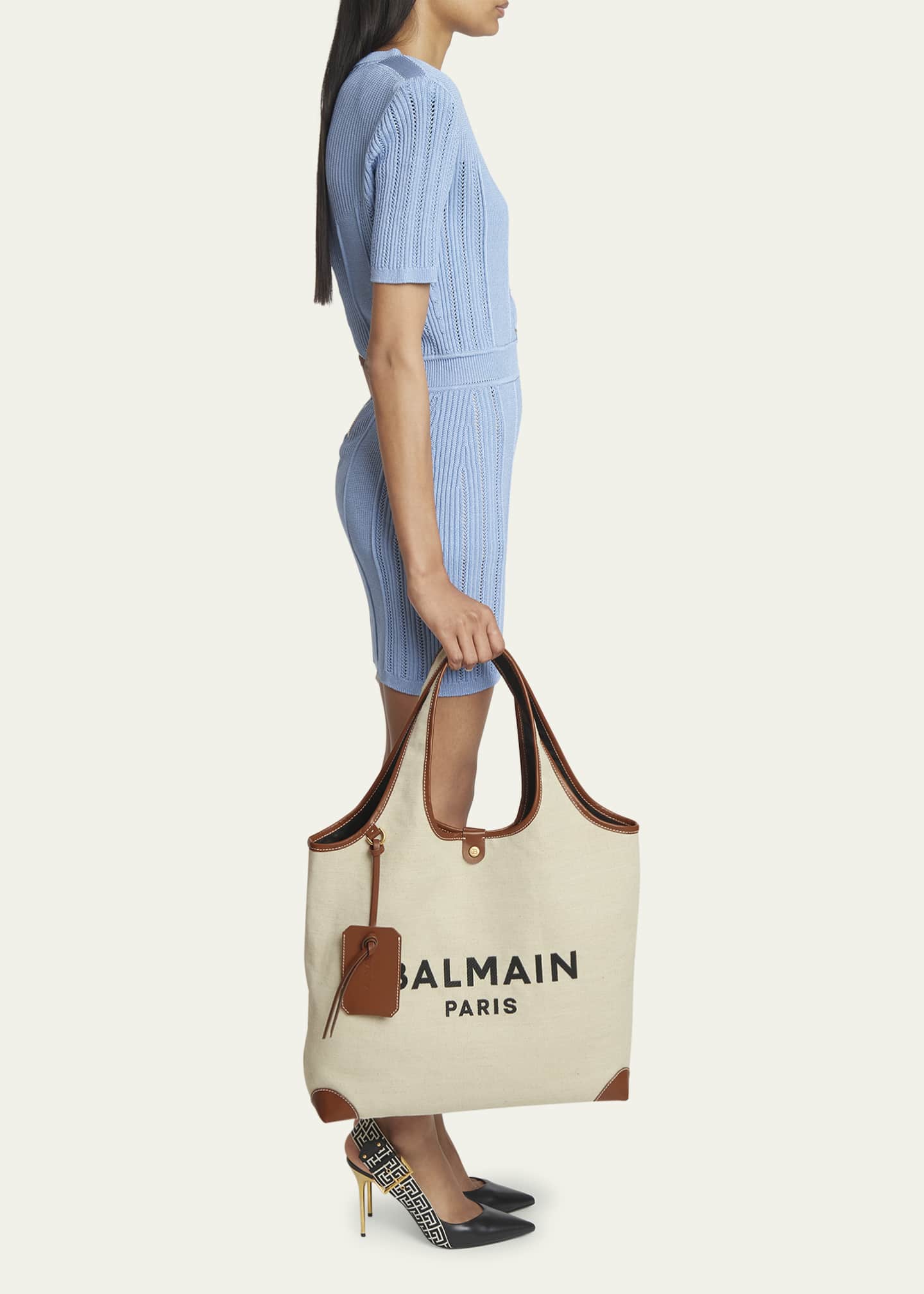 Balmain B Army Grocery Tote Bag in Canvas with Leather Handle