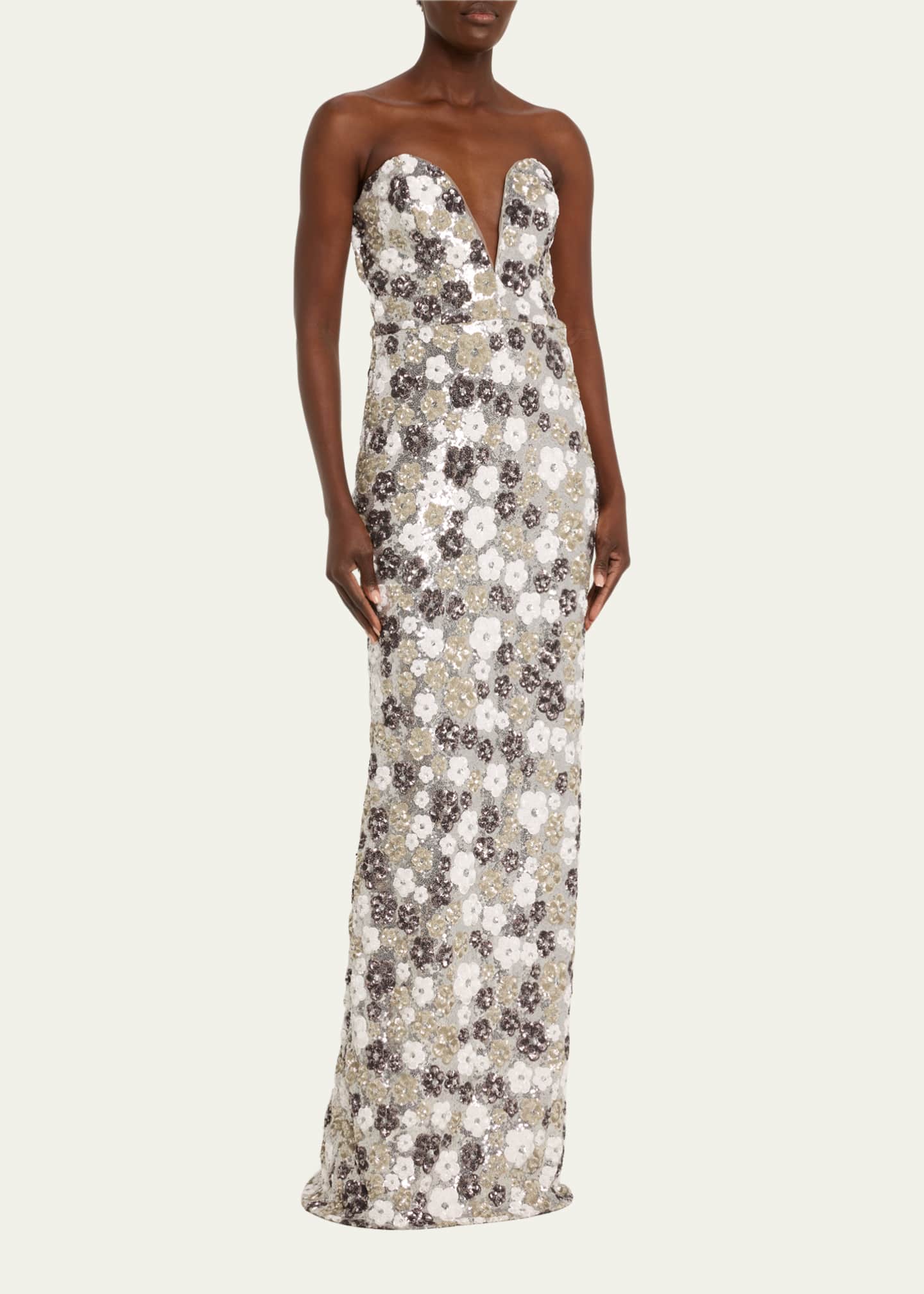 Marchesa Notte Strapless Plunging Floral Sequin Column Gown - Bergdorf Goodman