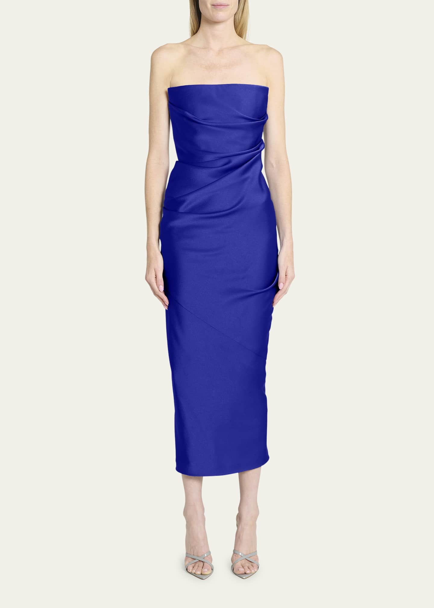 Alex Perry Satin Crepe Strapless Draped Midi Dress - Bergdorf Goodman