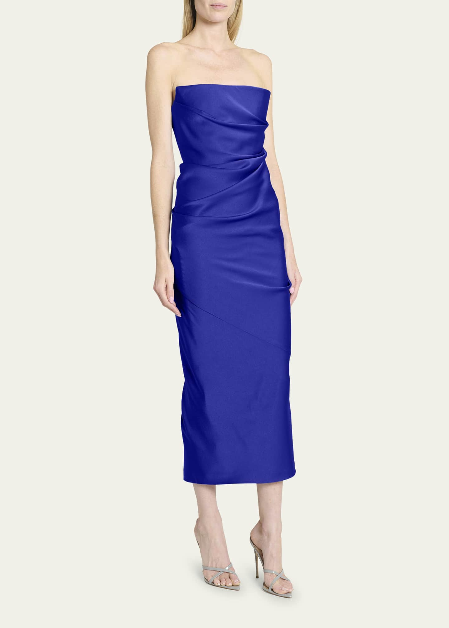 Alex Perry Satin Crepe Strapless Draped Midi Dress - Bergdorf Goodman