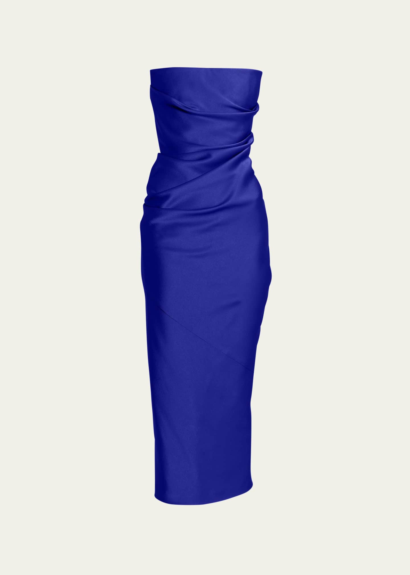 Satin crêpe draped bustier gown in blue - Alex Perry