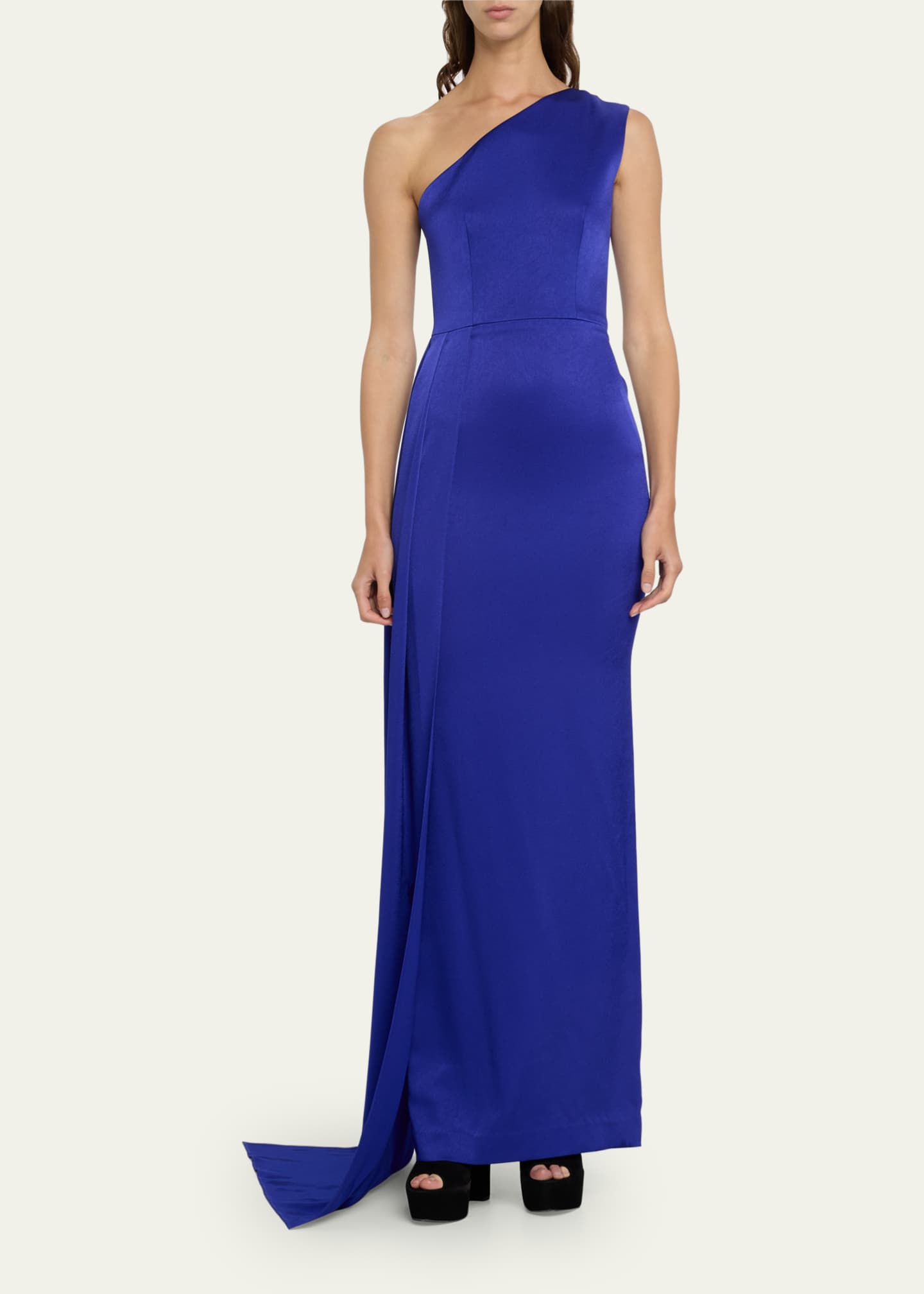 Alex Perry Satin Crepe One Shoulder Column Gown with Sash