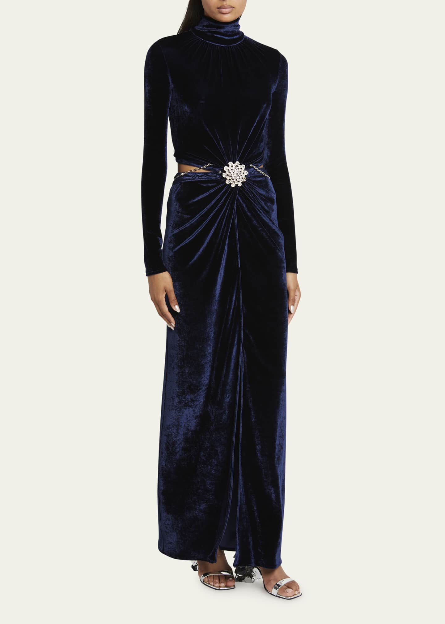 Rabanne Mock-Neck Velvet Ruched Cutout Gown with Crystal Accent ...