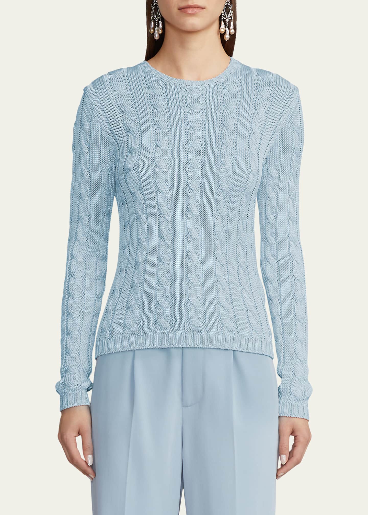 Ralph Lauren Collection High Shine Silk Cable-Knit Sweater, Blue, Women's, M, Sweaters Cable-Knit Sweaters
